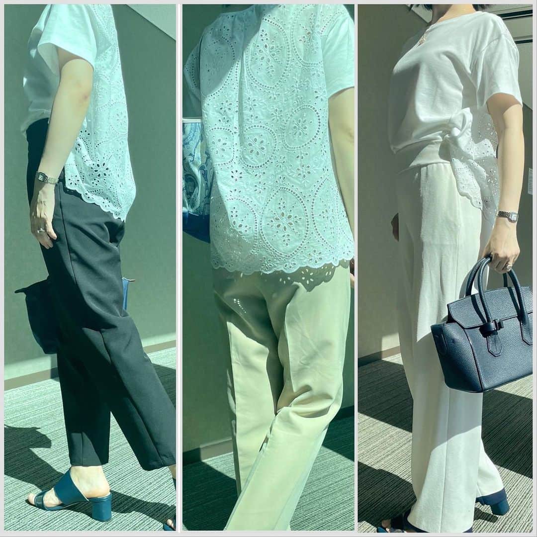 のインスタグラム：「【LEE100人隊081springさんの12closetバックレース切替Tシャツ着回し拝見！]  暑い夏の日は、1枚で決まる着映えトップスがあると重宝します。12closetの夏の新作は、後ろが総レースの切替Tシャツ。前から見るとシンプルなので合わせやすく、いろいろな場面で活躍！　100人隊のspringさんがお試ししました。(身長161cm)  1枚目　前から見るとシンプル。後ろ姿がレース使いで華やかな印象に。  2枚目　鉄板の白✖️黒コーデで通勤にも使えます。  3枚目　おしゃれな友達とのランチには白のニットパンツをプラス。後ろの丈感がちょうどよくボディラインをカバーしてくれます。  ４枚目　子どもと一緒に自然の中に遊びにいくときは、ショートパンツと。  ５枚目　海辺へのドライブには、リラックスワンピースに重ねて、前結びに。後ろ姿が可愛い！  「コットン100%なのでとても快適な着心地。適度なゆとりもあり、まとわりつかないので、暑い夏にぴったりですね。」  12closet バックレース切替Tシャツ ¥11000  フリーサイズ 色展開／ホワイト、ブラック  https://store.hpplus.jp/lee/sp/g/g412945/?aid=HPV_284303_leemarche&_ga=2.47880679.197754499.1687083351-679037872.1673444855  #leemarche #magazinelee #雑誌リー #12closet #lee100人隊 #ブラウス #30代ファッション #40代ファッション」