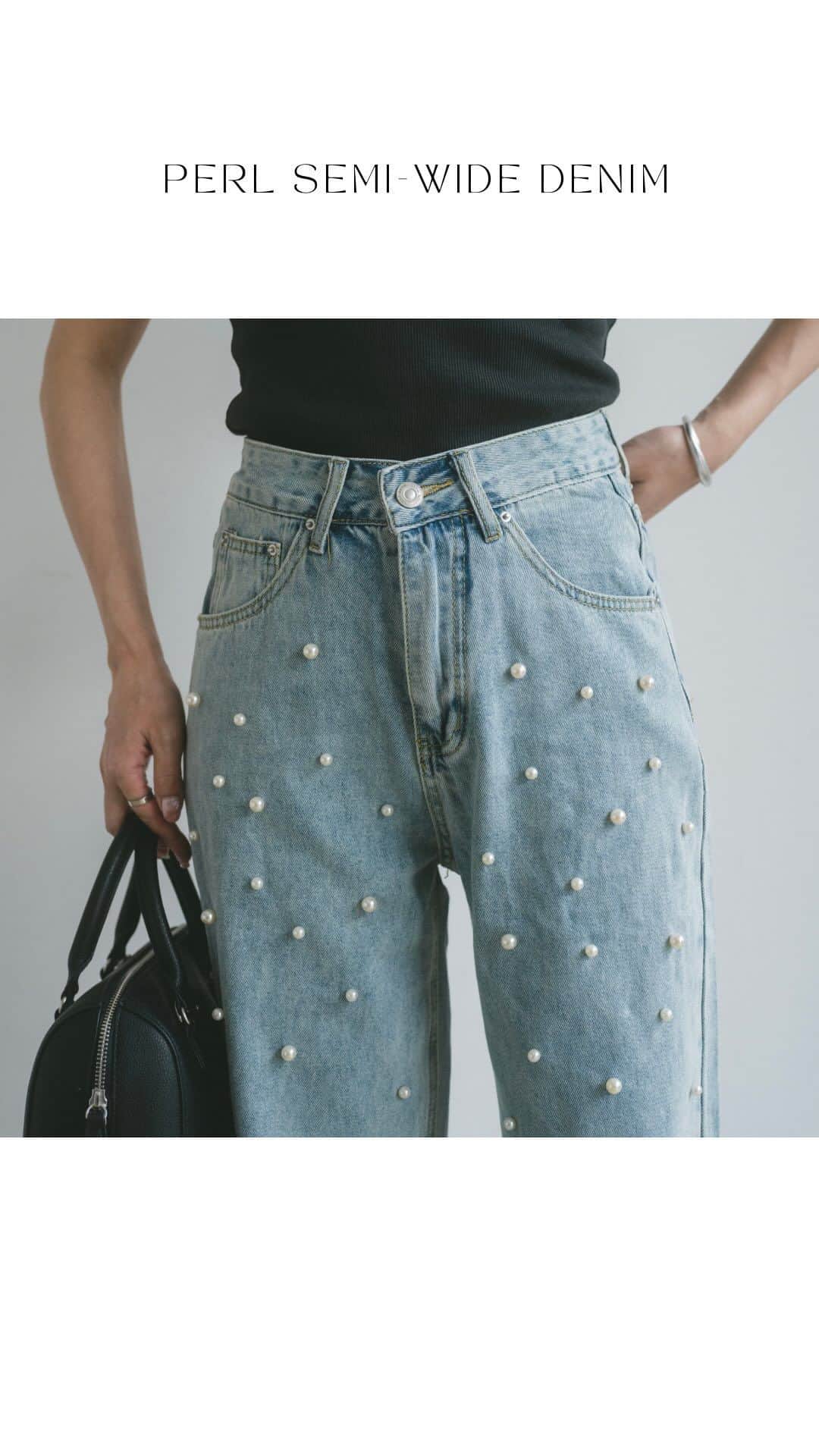 Vannie Officialのインスタグラム：「パールセミワイドデニム  … Design … ・今季マストアイテムのトレンドパールデニム ・前全体にランダムについたパール  ・程よい薄さのデニムで着心地◎ ・脚がすっきりと見えるセミワイド ・奥深くヴィンテージ感のあるくすんだブルー  … Styling …  タンクトップやＴシャツ、 カジュアルな素材のトップス合わせが今年らしい 普段のデニムだとメンズライクになりがちなシャツも 上からはおれば大人のおんなっぽく。 きゃしゃストラップサンダルで ちょっとセンシュアルな印象にも  ━━━━━━━━━━━━━━━━━━━━━  透け感：なし 裏地：なし 厚さ：普通 伸縮性：あり 光沢感：なし  ━━━━━━━━━━━━━━━━━━━━━━ ※詳しくは洗濯タグをご確認ください #vannie_u」