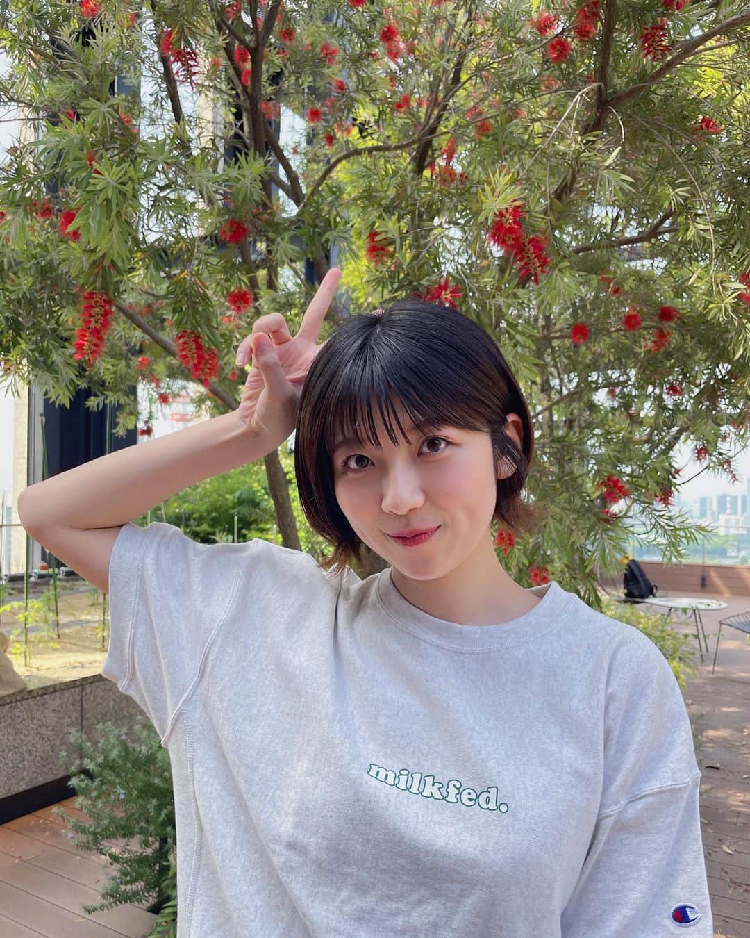 磯原杏華のインスタグラム：「梅雨明けたかのようないいお天気で お外で運動するのが気持ちいいね  写真は収録で体操した時の🤸 晴れてよかった♡  #みさお体操 #ストレッチ」
