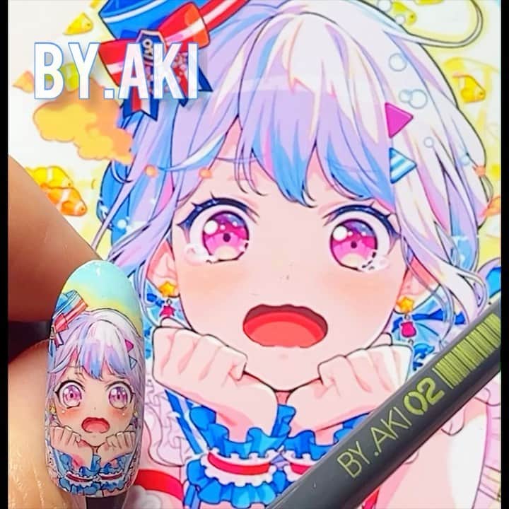 のインスタグラム：「BanG Dream!バンドリ♫  ハローハッピーワールド🎵 松原花音💙  涙は無しにしました😆 可愛過ぎてヤバし🌀  🎨使用商材👇👇👇👇 💅プロショップ　TAT @nailshoptat  💅誰でもショップ　@nailoid.by.aki  💅直接リンク　💻プロフィールURL  #バンドリ  #bangdream  #ガルパ  #garupan  #かのん  #松原花音  @by.aki #anime#manga#NAIL#ジェルネイル#ネイル#福岡#福岡市#全てジェルネイル#手描きネイル#all.gel#痛ネイル#ネイリスト#キャラネイル#네일#gel甲#美甲#爪甲#clou#مسمار#paku #uña」