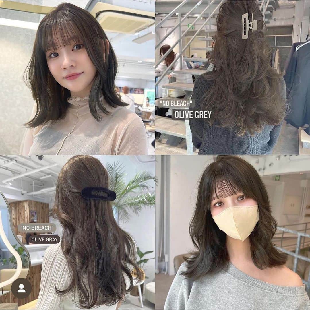 古賀美紀のインスタグラム：「#ブリーチなし でできる  「 #オリーブグレージュ ❤︎」  暗いカラーをしていて明るくしたい方、色ムラがある方 地毛からの初カラーのお客様はダブルケアカラー  選択お願いします♡ 当日ベースを見てダブルケアカラー が 必要のないベースですと一回のカラーに メニュー変更可能です✨  ※top stylist指名料＋500 ※学割10%off  オススメ———————————— "プレミアムケアカラー"【毛髪強化剤】 ↪︎切れ毛枝毛を防ぎダメージ98％cut！ 高い染着力とカラーの持続性UP◎ 特別なコーティングをしてくれるトリートメント付き♡ ツヤツヤでサラサラな手触りになります＊ ———————————————  "set menu" "シャンプーブロー¥2700込み" 〜はレングス料金含む  ♡前髪カット＋ケアカラー ¥14,000~  【顔周り後れ毛cut＋¥500】  ♡前髪カット＋プレミアムケアカラー　¥16,200~ 【顔周り後れ毛cut＋¥500】  ♡カット＋ケアカラー ¥16100~  ♡カット＋プレミアムケアカラー¥18300~  ♡カット＋ダブルケアカラー ¥25300~  ♡ケアカラー＋トリートメント　¥18400~  ♡プレミアムケアカラー＋トリートメント　¥20600~  ♡前髪カット＋ケアカラー＋トリートメント¥20500~ 【顔周り後れ毛cut＋¥500】  ♡前髪カット＋プレミアムケアカラー＋トリートメント　¥22700~ 【顔周り後れ毛cut＋¥500】  ♡カット＋ケアカラー＋トリートメント　¥22600~  ♡カット＋プレミアムケアカラー＋トリートメント　¥24800~  ♡前髪カット＋ダブルケアカラー¥23200~ 【顔周り後れ毛cut＋¥500】  ♡カット＋ダブルケアカラー ¥25300~  ♡ダブルケアカラー ＋トリートメント ¥27600  #ブリーチ無し #オリーブベージュ  #オリーブカラー  #アッシュグレージュ  #アッシュグレー  #シースルーバング  #おくれ毛カット」