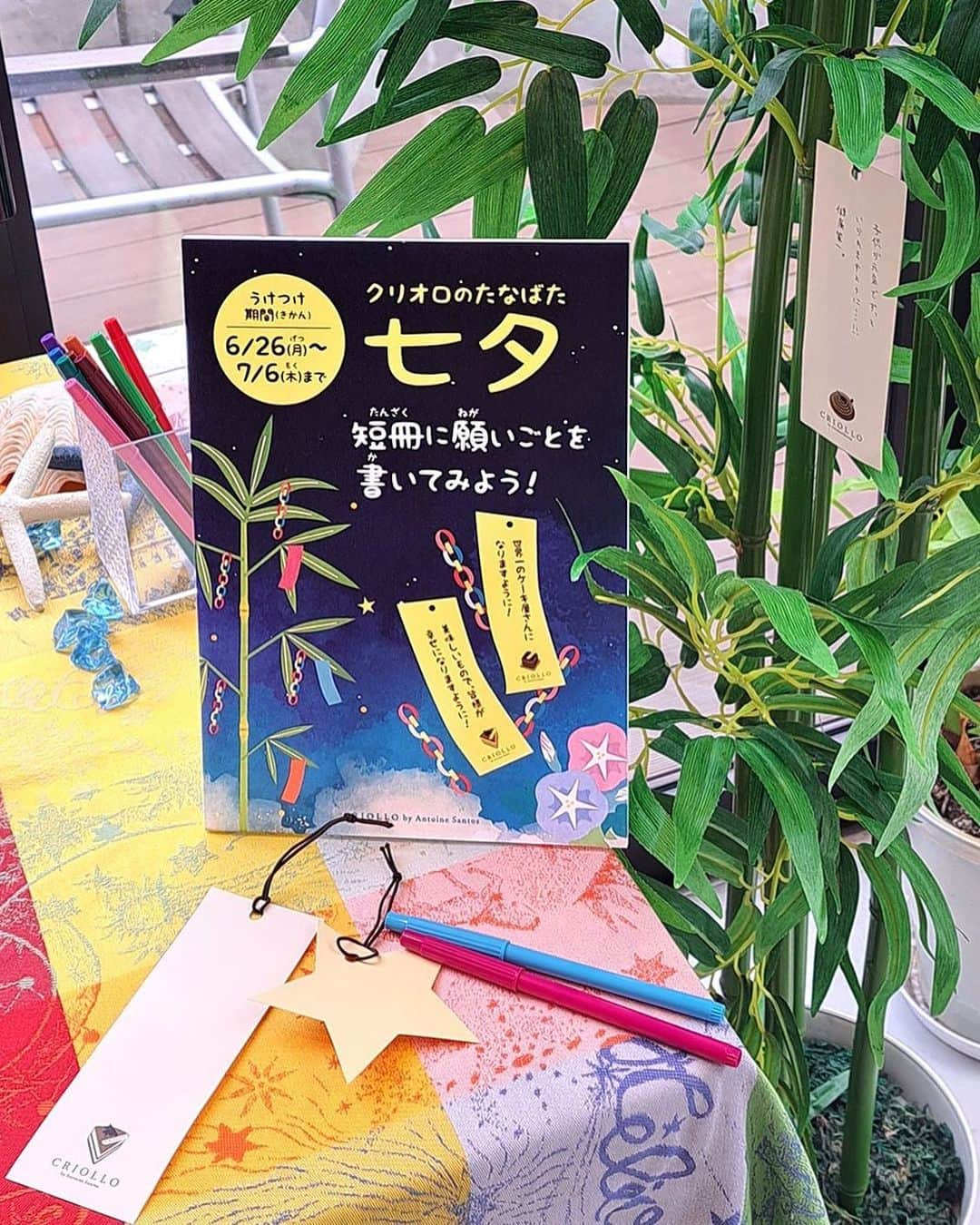 クリオロさんのインスタグラム写真 - (クリオロInstagram)「@criollo2016  ＼短冊を飾ろう🎋／  7月7日は七夕。  クリオロでは 今日から 笹を出しています♪  今年は皆さまにも 短冊を飾っていただけますので、 ぜひご参加ください！  ■場所 クリオロ本店、中目黒店  ■期間 短冊を書くのは 7月6日(木)まで。 展示は9日(日)まで。  #criollo #クリオロ #七夕 #七夕飾り #七夕イベント #笹の葉 #願い事 #tanabata #小竹 #小竹向原 #中目黒」6月26日 18時11分 - criollo2016