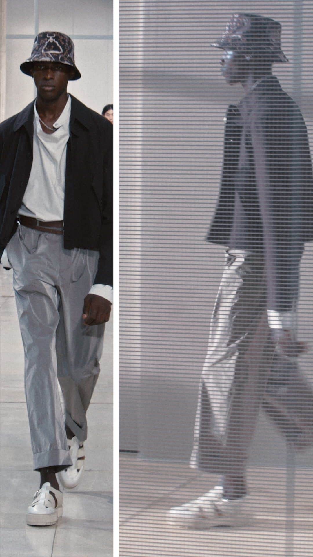 エルメスのインスタグラム：「Innovative cuts and patterns. A collection soft and sweet as a summer breeze, stirred by a tender strength. Clothing as architecture. The look is constructed with the weightlessness of daylight, of openwork.​  About the looks:​ 1- A shirt in compact cotton poplin. A short-sleeve shirt in wool, H Cinétique design. Trousers in wrinkled cotton fabric. A Double Etrivière belt in bridle leather. Sandals with notched soles. A black Haut à Courroies bag. A Habascule earing in lacquered metal. A Chaîne Maillon bracelet in technical ceramic and stainless steel. A Clic HH So Black bracelet in mat enamel and metal.​ 2- A straight blouson in mini-gingham technical canvas. A shirt in compact cotton poplin. Trousers in cotton. A Double Etrivière belt in bridle leather. Sandals with notched soles. A reversible bucket hat in Toilovent with Etriers print. An Etrier Earing in lacquered metal. A Maillon necklace in lacquered metal and horn.​ 3- A t-shirt with Della Cavalleria print. Trousers in cotton and linen serge. A Double Etrivière belt in bridle leather. Sandals with notched soles. A Haut à Courroies bag. ​ 4- A parka in crepe serge. A shirt in compact cotton poplin. Trousers in wrinkled cotton fabric. A Double Etrivière belt in bridle leather. Sandals with notched soles. A reversible bucket hat in Toilovent with Etriers print. ​A Parade necklace in lacquered metal and horn.  Men’s summer 2024 runway show, collection created by Véronique Nichanian. ​​ Watch the replay of the show with the link in bio. ​​​  #Summer2024​ #ParisFashionWeek​ #PFW​ #HermesHomme​ #Hermes」