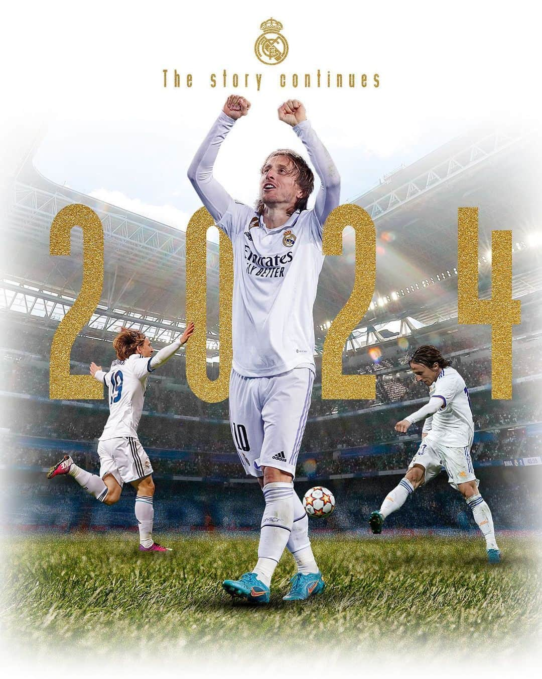 ルカ・モドリッチのインスタグラム：「COMUNICADO OFICIAL Real Madrid C. F. and Luka Modrić have agreed to extend the player's contract, which sees him contracted to the club until 30 June 2024. Luka Modrić joined Real Madrid in 2012. During his eleven seasons in our jersey he's made 488 appearances and won 23 trophies: 5 Champions League, 5 Club World Cups, 4 European Super Cups, 3 LaLiga titles, 2 Copa del Rey and 4 Spanish Super Cups. Modrić has won the ultimate individual awards during his career as a Real Madrid player, including the 2018 Ballon d'Or, the 2018 FIFA The Best Player of the Year Award, the 2017/18 UEFA Player of the Year Award, the 2017 Club World Cup Golden Ball, and this season he was part of the FIFA/FIFPro World XI for the sixth time in his career. He also won the Golden Ball at the World Cup in Russia and the Bronze Ball at the World Cup in Qatar. - El Real Madrid C. F. y @LukaModric10 han acordado la ampliación del contrato del jugador, que queda vinculado al club hasta el 30 de junio de 2024. Luka Modrić llegó al Real Madrid en 2012. En sus once temporadas defendiendo nuestra camiseta ha disputado 488 partidos y ha ganado 23 títulos: 5 Champions League, 5 Mundiales de Clubes, 4 Supercopas de Europa, 3 Ligas, 2 Copas del Rey y 4 Supercopas de España. Modrić ha conquistado en su trayectoria como madridista los máximos galardones individuales, como el Balón de Oro de 2018, el Premio The Best al Jugador de la FIFA 2018, el Premio al Jugador del Año de la UEFA 2017/18, el Balón de Oro del Mundial de Clubes 2017, y esta temporada ha formado parte del XI Mundial FIFA/FIFPro por sexta vez en su carrera. Además, fue Balón de Oro del Mundial de Rusia y Balón de Bronce en el Mundial de Catar. #Modrić2024 | #RealMadrid」