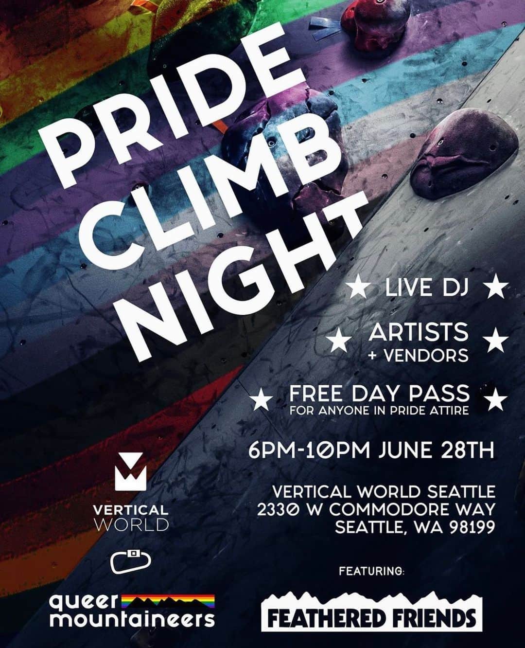 フェザーフレンズさんのインスタグラム写真 - (フェザーフレンズInstagram)「Join us for Pride Climb Night this Wednesday, June 28th at Vertical World Seattle! Brought to you by the Queer Mountaineers, this extra special #pride event will be full of fun and friends! There will be artists, vendors, raffles, giveaways, a live DJ, and more! We’ll be there tabling, raffling off some sweet gear, joining in on the fun, & it’s going to be a blast, so be there or be square!  Pro tip: If you show up in pride attire you’ll get a free day pass to Vertical World! ✨🏳️‍🌈✨🏳️‍⚧️✨  #seattlepride #pride #queermountaineers #featheredfriendsgear #featheredfriends #pride2023 #pridemonth #climb」6月27日 5時34分 - featheredfriends1972