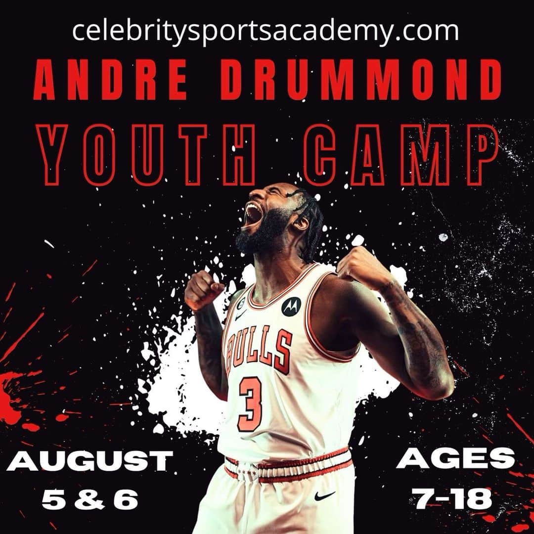 アンドレ・ドラモンドのインスタグラム：「Middletown, CT I’m coming home! Join me for my youth basketball & cheer camp August 5th & 6th! Open to ages 7-18, all skill levels! Thank you to @middletown_pal and Beman Middle School for hosting us!   Register at link in @celebritysportsacademy bio.  See you there! 🏀📣」