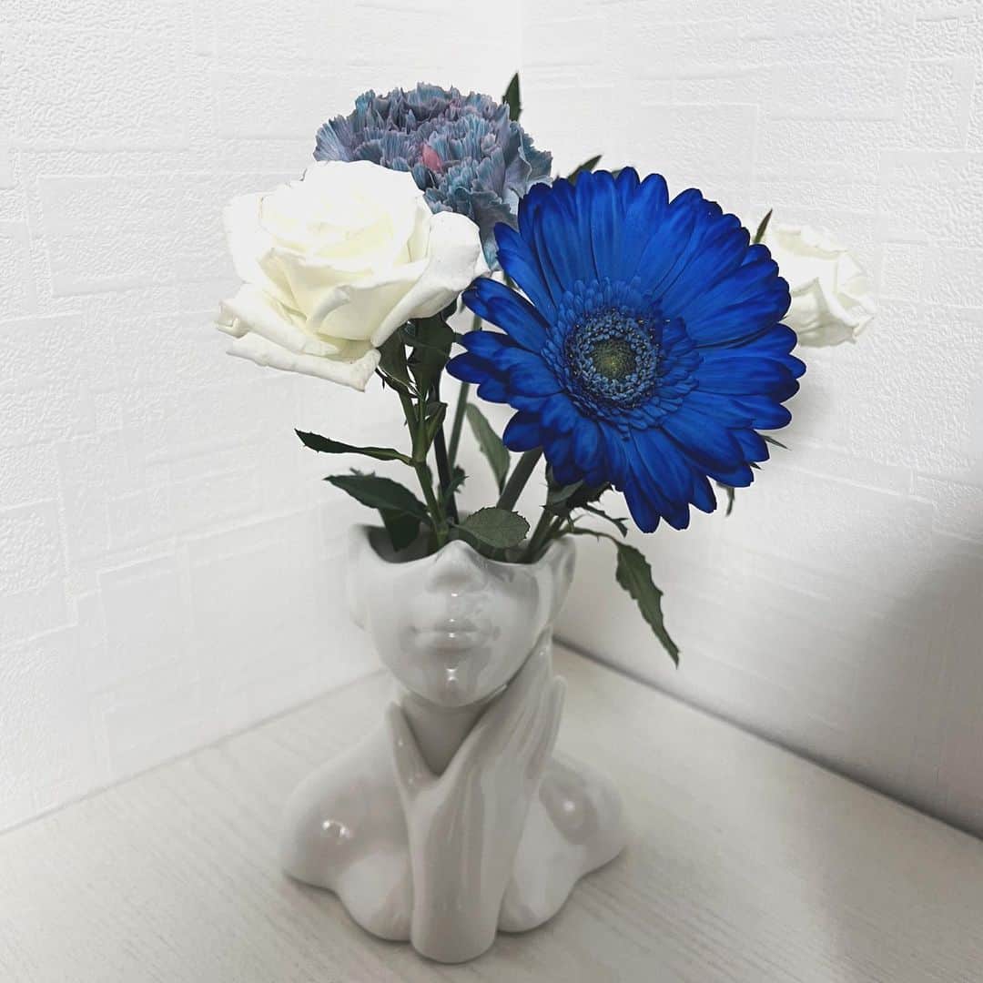 青山明香里のインスタグラム：「向日葵を添えようと思ったら 向日葵が売ってなくて、やっぱり青に惹かれました💙🩵💙🩵」