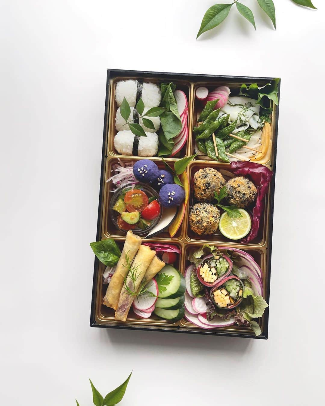 Chinamiのインスタグラム：「Vegetable Bento🌿 野菜づくしのお弁当  黒胡麻豆腐コロッケ、紫芋と山芋の春巻き、きゅうりと黄人参の生春巻き、紫芋ダシ麹団子、インゲンの揚げ浸し、トマトときゅうりの和物、甘酢大根などなど。夏野菜を使ったおもてなし弁当です。  #野菜　#弁当 #家庭菜園　#ポタジェ #キッチンガーデン #家庭菜園記録」