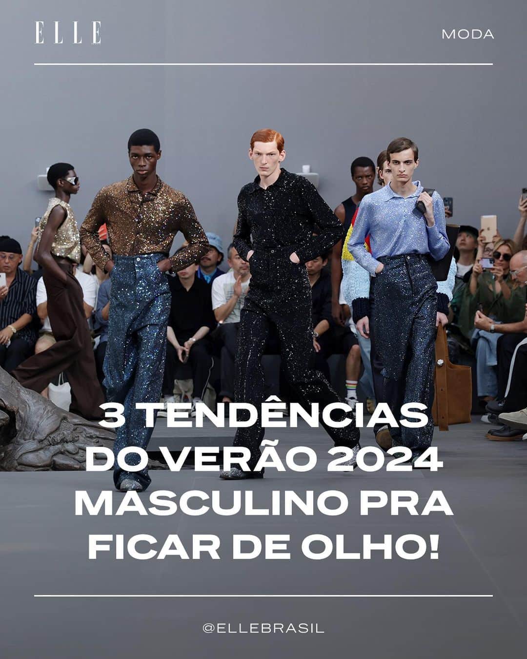 のインスタグラム：「#ELLEMEN: A temporada de verão 2024 ficou marcada por uma vontade de leveza. A quebra dos padrões de masculinidade resultaram em silhuetas mais marcadas, comprimentos mais curtos e uma delicadeza maior de detalhes e texturas. É que parece que os estilistas cansaram de criar para um estereótipo clássico de homem e começaram a imaginar uma nova era, com elementos emprestados do guarda-roupa delas e linhas borradas entre os universos masculino e feminino.  No carrossel, separamos três tendências que refletem essa quebra de padrões e já podem ser incorporadas no seu dia-a-dia. Arraste para o lado! #semanademodamasculina (via @giumesquita)」