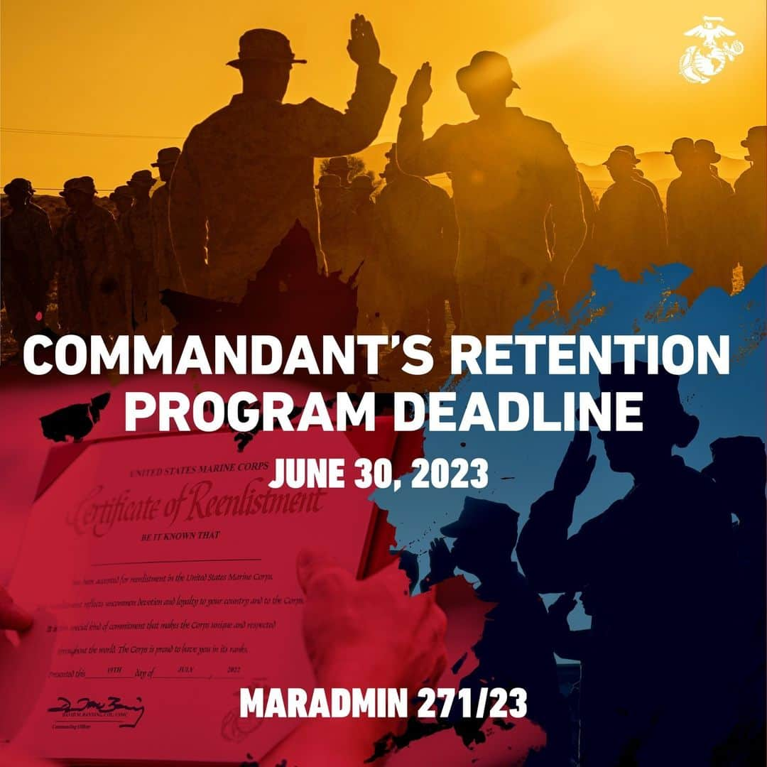 アメリカ海兵隊さんのインスタグラム写真 - (アメリカ海兵隊Instagram)「Marines, if you were selected on the Commandant’s Retention Program on MARADMIN 271/23, you have until June 30 to take advantage of the streamlined reenlistment process and Duty Station Incentives.   Contact your Career Planner to take advantage of this opportunity.  Read the MARADMIN at the link in our bio.」6月27日 3時00分 - marines