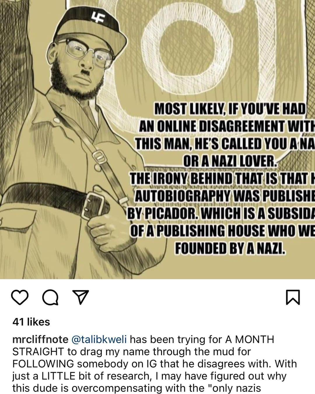 タリブ・クウェリのインスタグラム：「In todays #whosmanisthis yet another boot licker simping for Nazis....   Meet Detroits own @mrcliffnote he is a follower and supporter of @aaron_villain the white Majorie Taylor Greene fan who calls Black men boy. When I let Cliffy here know that he was following a racist he told me that he doesn't care and that he's angry at me because he once tried to give me one of his funky ass graphic t shirts and wasn't able to. Since then he's made not one but two pro nazi songs dissing me and now he's making pictures of me with nazi uniforms and Hitler mustaches to make his nazi friends laugh.   I know Detroit don't co-sign this. @kidvishis how your crew so trash son?」