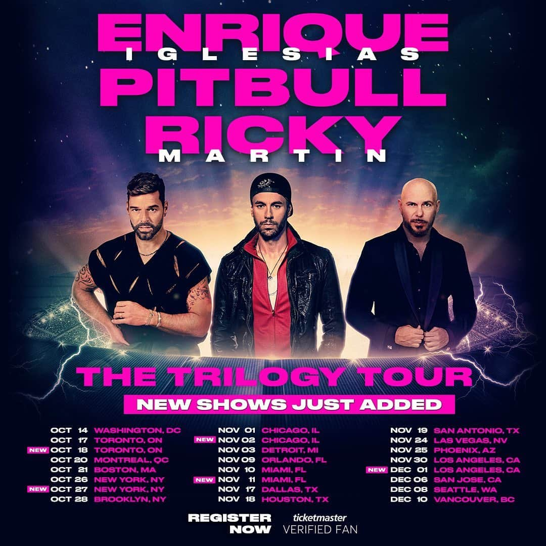 エンリケ・イグレシアスのインスタグラム：「More shows added to #TheTrilogyTour!!! 🤙👅⚡️💥📈⬆️Register now for verified fan to get access to a full day of ticket sales before anyone else!!! Link in bio!!! @pitbull @ricky_martin !!!」