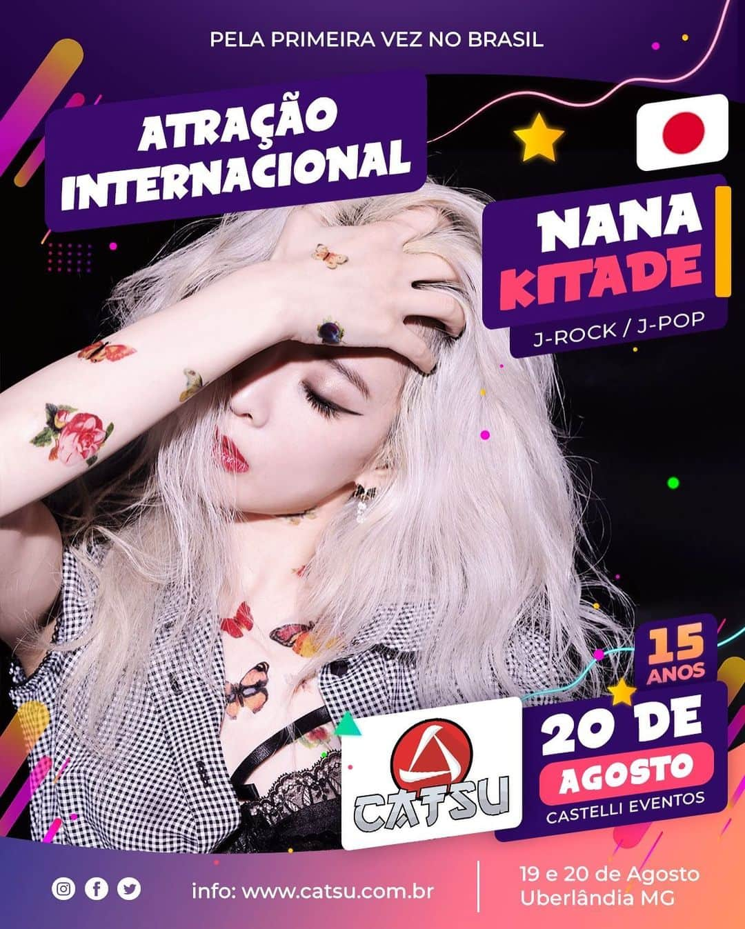 北出菜奈のインスタグラム：「🎉🎸 CATSU 15 ANOS Apresenta: Nana Kitade 北出菜奈! 🎤👑  É com imensa alegria que anunciamos o aguardado show da Nana Kitade pela primeira vez no Brasil, no evento CATSU, em comemoração ao nosso aniversário de 15 anos! 🇧🇷🎉 Prepare-se para uma experiência única e incrível com a Princesa do Punk!  Nana Kitade é uma talentosa cantora, compositora e modelo japonesa que conquistou os corações do público com seu estilo único de J-Rock e J-Pop. Com lançamentos memoráveis e uma carreira repleta de sucessos, Nana tem encantado fãs. Sua estreia oficial ocorreu em 2003, com o lançamento do single "Kesenai Tsumi", que foi o tema de encerramento do anime "Fullmetal Alchemist". A música foi um sucesso e alcançou posições altas nas paradas musicais japonesas. Sendo ainda responsável por inúmeras músicas sensacionais, entre elas:  "Kesenai Tsumi" - Encerramento do anime "Fullmetal Alchemist" (2003). "Antoinette Blue" - Encerramento do anime "D.Gray-Man" (2006). "Kibou no kakera" - Abertura do anime "Demashitaa! Powerpuff Girls Z" (2006). "Tsukihana" - Abertura do anime "Hell Girl: Jigoku Shōjo" (2008). "Pureness" - Encerramento do anime "Beet the Vandel Buster" (2004). "Suicides Love Story" - Encerramento do anime "Persona -Trinity Soul-" (2008). "Kanashimi no Kizu" - Encerramento do jogo "PS2 Fullmetal Alchemist 3: Kami wo Tsugu Shoujo".  Álbuns:  18: Eighteen (2005) I Scream (2006) Bondage (2009) Violet Blaze (2017)  Conheça mais sobre a Nana no nosso site www.catsu.com.br, ou pelo link da bio.  Ela estará presente no domingo, 20/08. Essa será uma oportunidade única no Brasil, então não perca a chance de presenciar a energia e o talento da Nana Kitade em um show inesquecível! Garanta já o seu ingresso e venha celebrar conosco o aniversário de 15 anos da CATSU!  🎫 Os ingressos estão disponíveis:  ➡️LEITURA CENTER SHOPPING @leiturauberlandia ➡️Link na bio  🎫 Os ingressos também podem ser adquiridos online, na plataforma Ingresso Live pelo link na bio.  CATSU 2023 🗓️ 19 e 20 de agosto de 2023 🕙 Das 10h às 19h 📌 Castelli Eventos - Uberlândia - Minas Gerais   #CATSU23 #CATSU15Anos #NanaKitade #jpop #jrock #PrincesaDoPunk #ShowAoVivo #Música #CulturaPop」