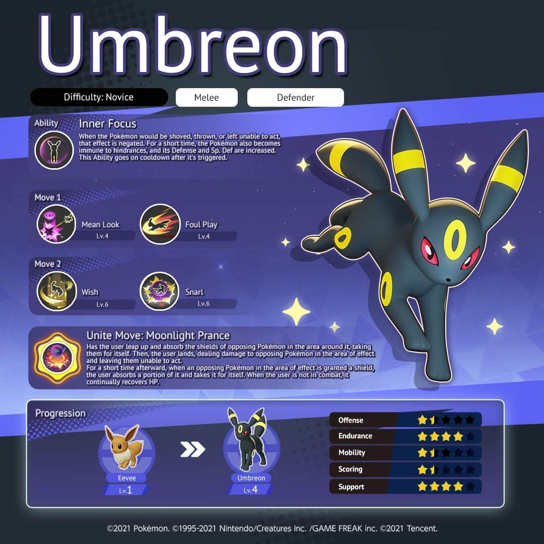Pokémonさんのインスタグラム写真 - (PokémonInstagram)「Want to learn how to play Umbreon in #PokemonUnite? Consider your Wish granted. You’re sure to get a Mean Look from your opponents as you score big KO’s and heal your teammates with ease. 🌙」6月3日 7時00分 - pokemon