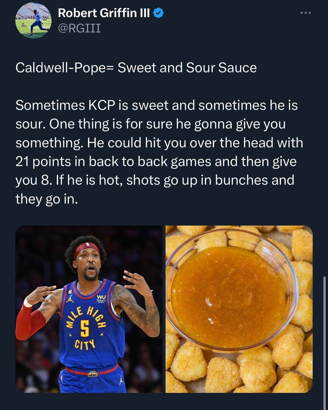 ロバート・グリフィン3世さんのインスタグラム写真 - (ロバート・グリフィン3世Instagram)「All this Sauce talk is making me hungry 😂  #nba #nbaplayoffs #nbafinals #sauce #food #g3analysis #heinz #chickfila #nuggets #denvernuggets #rgiii #rg3」6月3日 8時18分 - rgiii