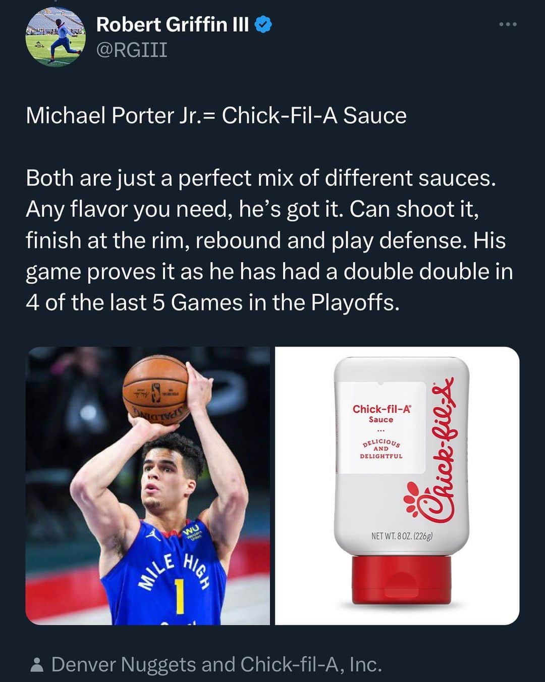 ロバート・グリフィン3世さんのインスタグラム写真 - (ロバート・グリフィン3世Instagram)「All this Sauce talk is making me hungry 😂  #nba #nbaplayoffs #nbafinals #sauce #food #g3analysis #heinz #chickfila #nuggets #denvernuggets #rgiii #rg3」6月3日 8時18分 - rgiii