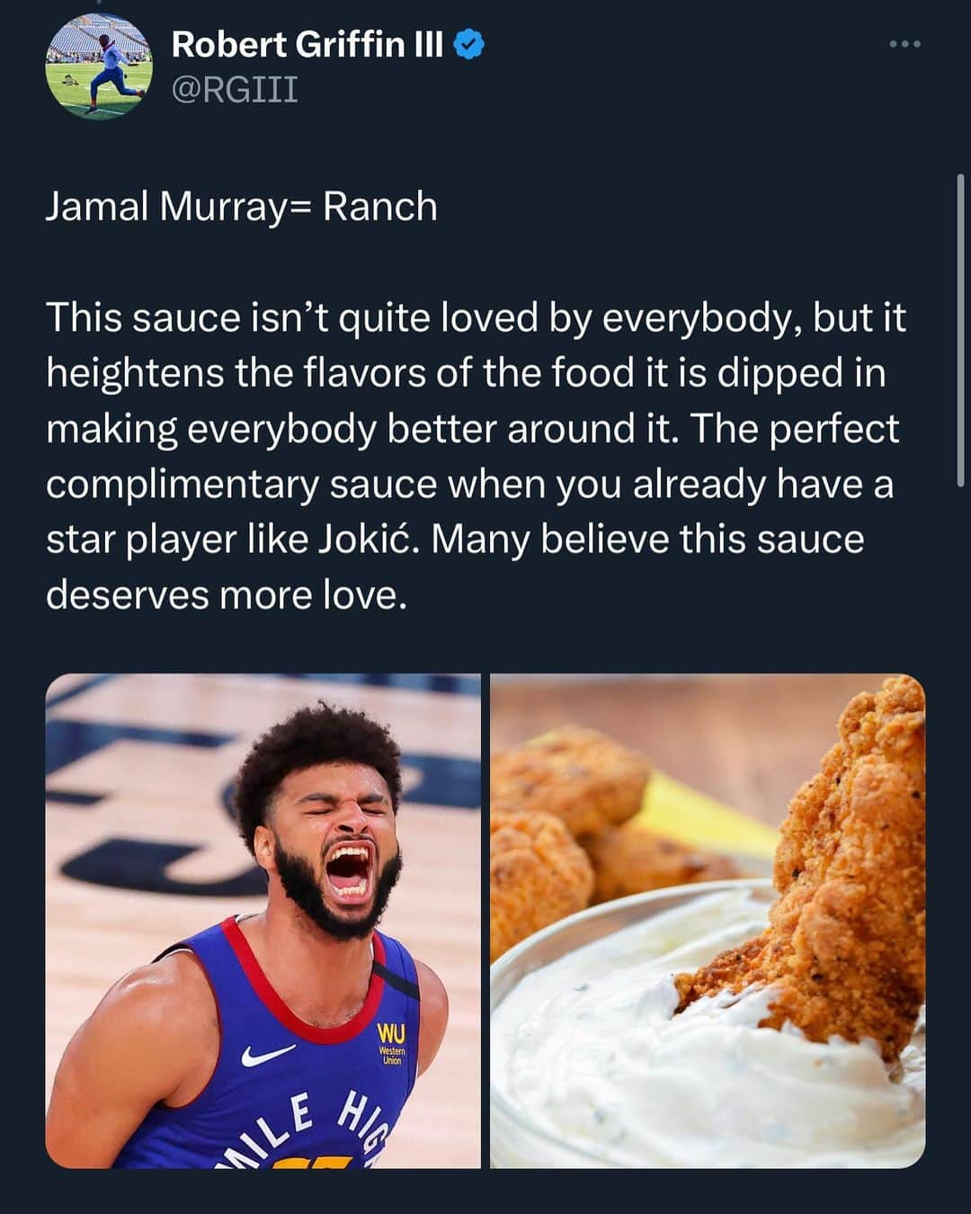 ロバート・グリフィン3世さんのインスタグラム写真 - (ロバート・グリフィン3世Instagram)「All this Sauce talk is making me hungry 😂  #nba #nbaplayoffs #nbafinals #sauce #food #g3analysis #heinz #chickfila #nuggets #denvernuggets #rgiii #rg3」6月3日 8時18分 - rgiii