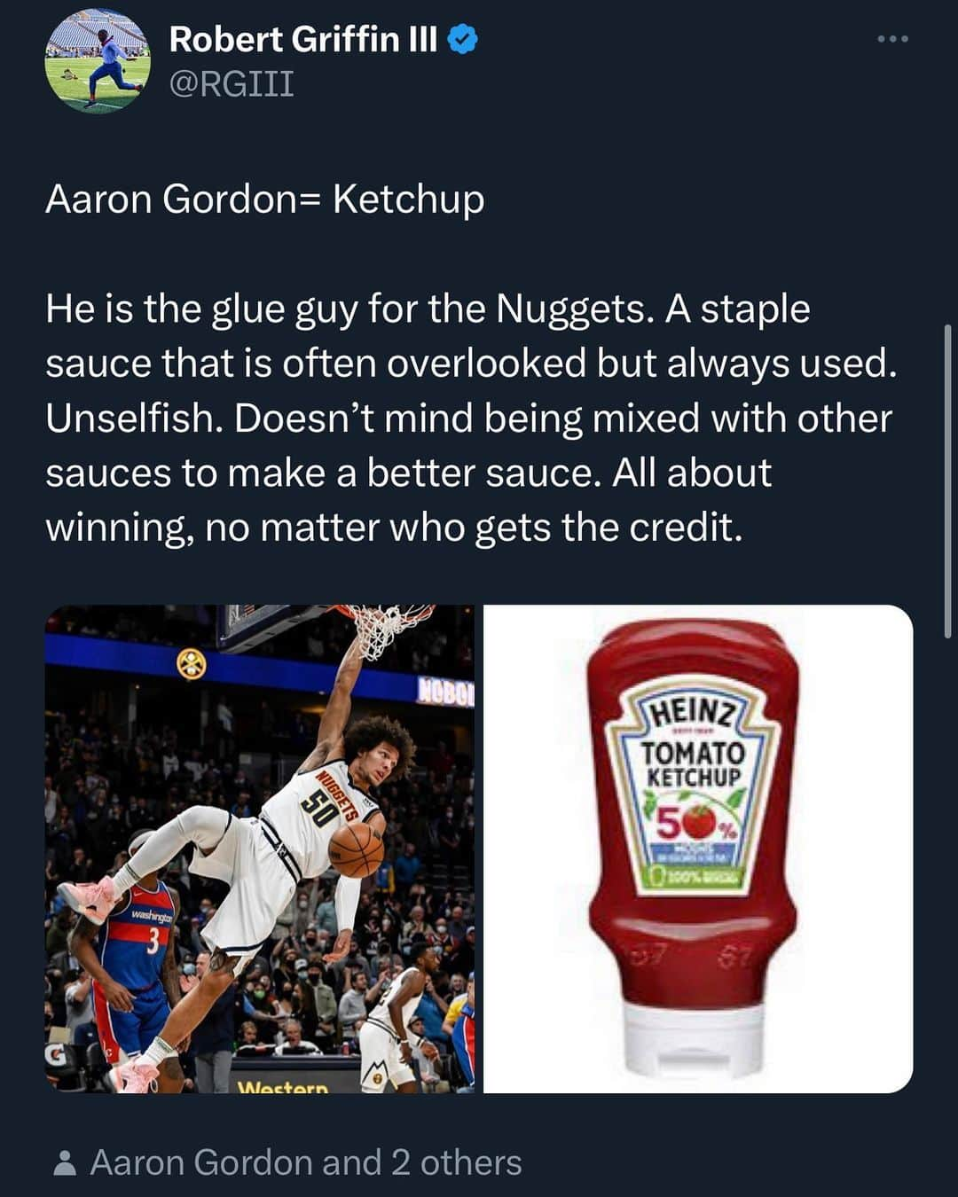 ロバート・グリフィン3世さんのインスタグラム写真 - (ロバート・グリフィン3世Instagram)「All this Sauce talk is making me hungry 😂  #nba #nbaplayoffs #nbafinals #sauce #food #g3analysis #heinz #chickfila #nuggets #denvernuggets #rgiii #rg3」6月3日 8時18分 - rgiii