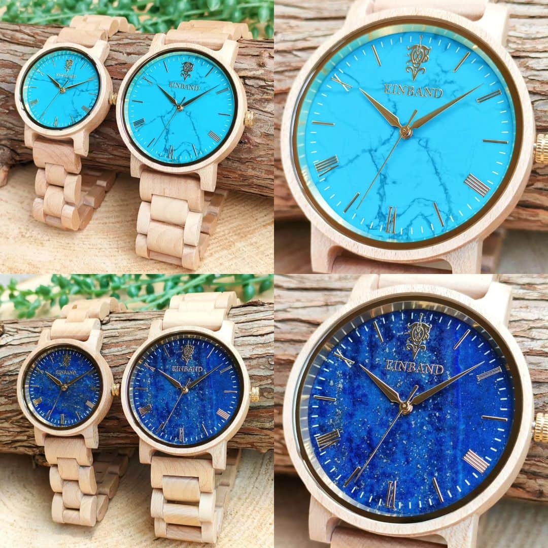 EINBAND -アインバンド-のインスタグラム：「天然石×木製腕時計のコラボウォッチ⌚ ターコイズ・ラピスラズリ・アメジストのパワーストーンを文字盤とした『お守りの木製腕時計』 この夏活躍間違いなしの一本を見つけてくださいね😊👍  #EINBAND #木製腕時計」