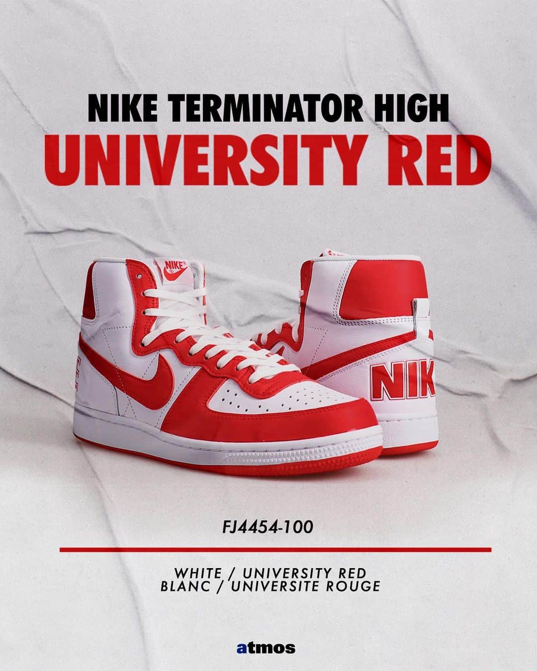アトモスさんのインスタグラム写真 - (アトモスInstagram)「. NIKE TERMINATOR HIGH ”UNIVERSITY RED ”  何も加えず、何も減らさず、アーカイブから出したそのままの姿で登場。ターミネーター HIGHは、フックショット、ニーパッド、ふくらはぎ丈のソックスの時代へとタイムトリップできる一足。Nikeによる初の学校向けシグネチャーシューズとして1985年に発売されたオリジナルバージョンに立ち返り、レトロなカラーブロックデザインで1984年のチャンピオンと人気のチームをアピールする。張りのあるレザーがバックボードのガラスよりも滑らかな表面をキープし、レトロなロゴが大学スポーツの雰囲気を盛り上げる。 本商品は6月17日(土)よりatmos 各店（一部店舗除く）、atmos オンラインにて発売致します。  Appeared as it is from the archive, without adding anything or subtracting anything. The Terminator High takes you back in time to the era of hookshots, kneepads and calf socks. Returning to the original version released in 1985 as Nike's first signature school shoe, the retro color block design showcases the 1984 champion and favorite team. The taut leather keeps the surface smoother than the backboard's glass, and the retro logo adds a collegiate vibe.  #atmos#nike#TERMINATOR」6月3日 12時05分 - atmos_japan