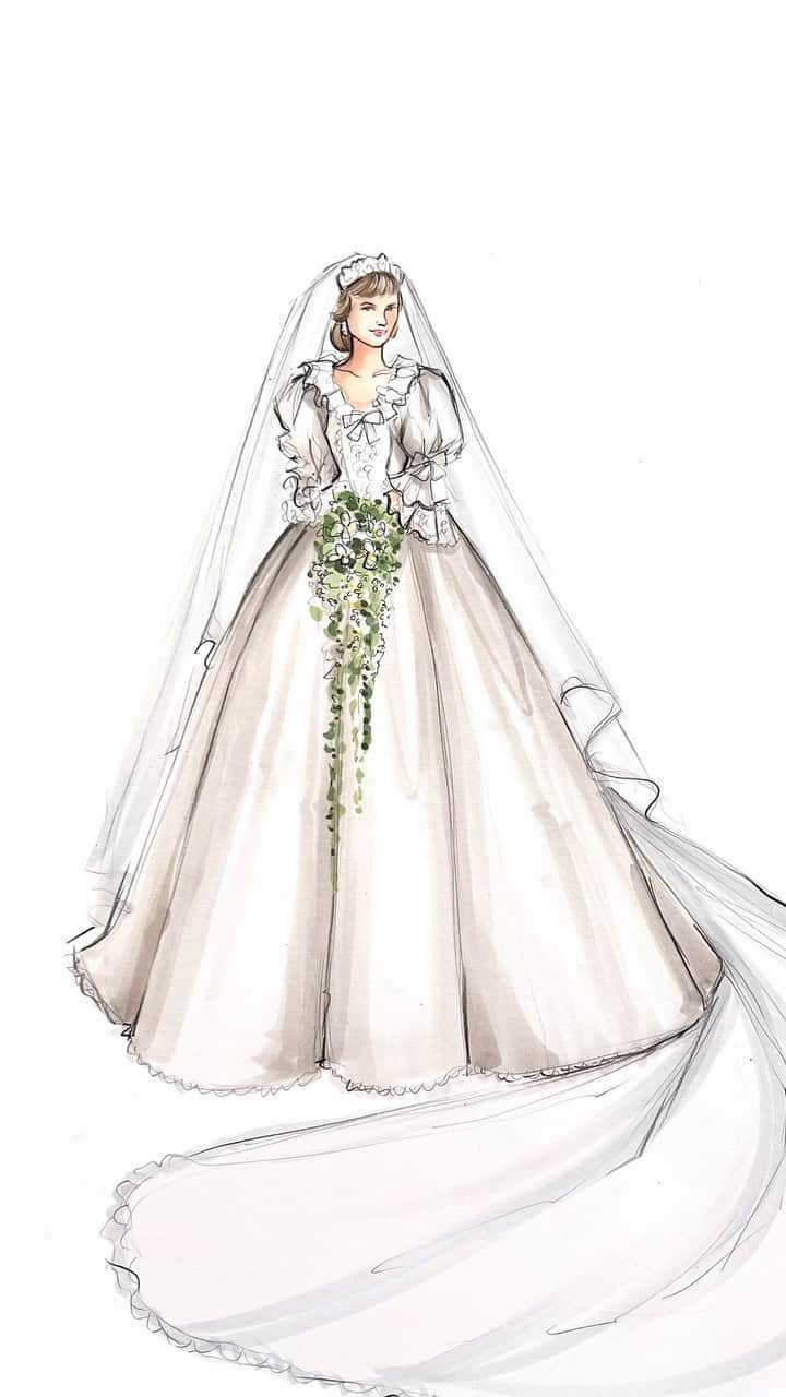 Holly Nicholsのインスタグラム：「Famous Dresses: Princess Diana of Wales Wedding Gown made by David and Elizabeth Emanuel #princessdiana #dianaspencer #fashionillustration #asmr #copicmarkers #oddlysatisfying」