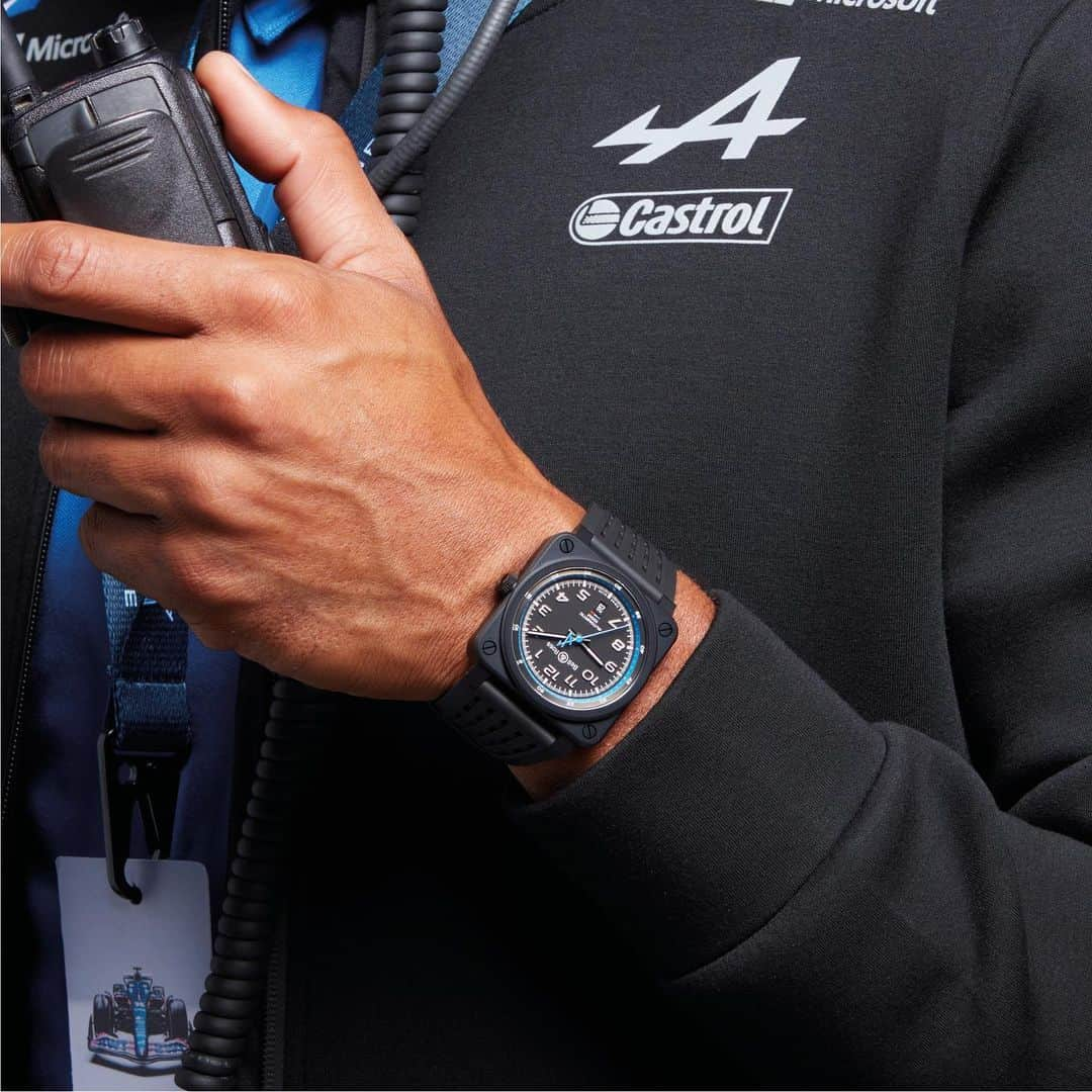 ベル&ロスのインスタグラム：「Crafted in partnership with the Alpine F1, the BR 03-92 A522 is a reimagination of the high performance F1 car in the form of a timepiece bringing the racing spirit to your wrist. The Alpine logo is right on the second’s hand and the team colour scheme can be seen in the black and blue graduated 60-minute bezel.  Discover more via the link in our bio. #bellross #bellrosswatches #timeinstruments #advancedtimeinstruments #advancedinstruments #brmanifesto #fromthecockpittothewrist #BR03 #BR0392 #A522 #Alpine #F1 #Formula1 #alpineF1team #spanishgp」