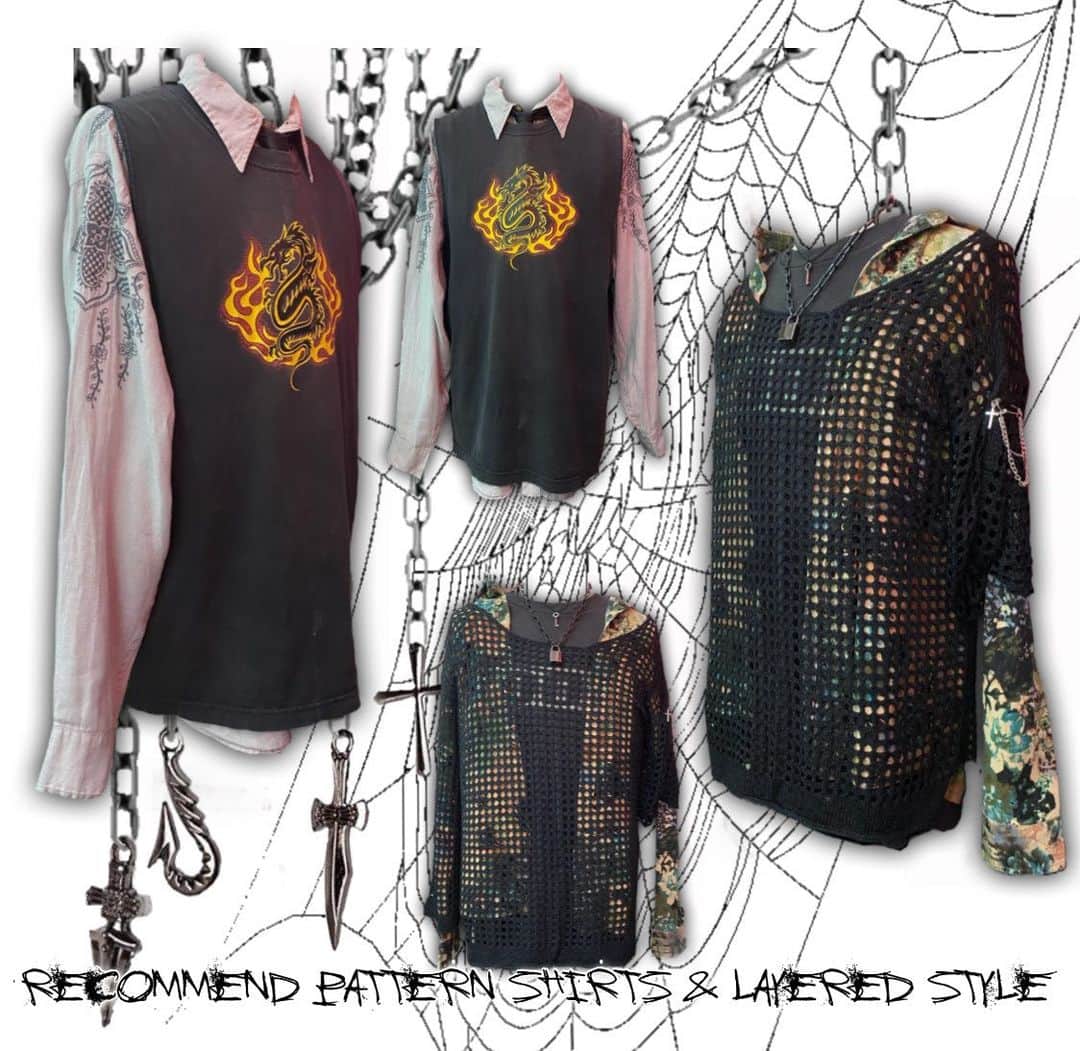 のインスタグラム：「pattern shirts & layered style  ✝️店内商品全て通販可能です☮️ 通販ご希望の際はＤＭにてお受けしております😊  #nagoya#osu #tokyo #mabataki #vintage #fashion #fyp  #y2k  #00s #90s #名古屋 #大須 #東京 #古着 #大須古着屋 #マバタキ」