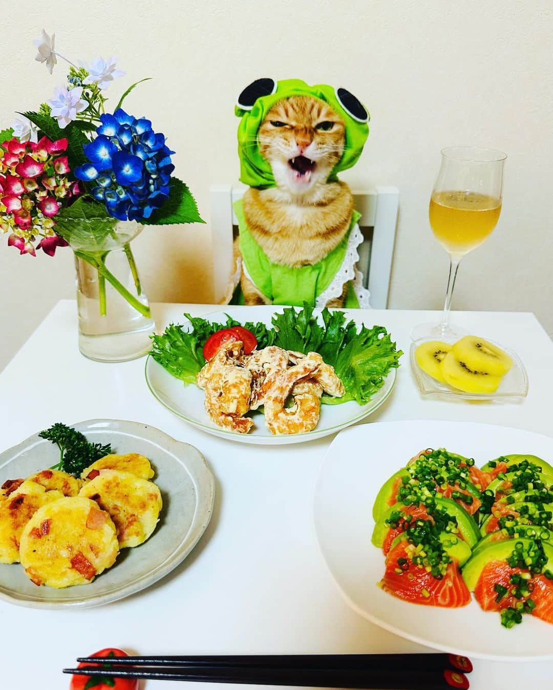 マロさんのインスタグラム写真 - (マロInstagram)「🐸Today's menu🐸　SWIPE▶️ ✴︎ ・エビマヨ🦐 (Shrimp with Mayonnaise) ・サーモンとアボカドのカルパッチョ (Salmon and avocado carpaccio) ・じゃがいもベーコンの焼きポテト (Baked potato and bacon) ✴︎ 今月もマロペースな投稿になりますが、よろしくお願いします🙇‍♀️ いつもコメントありがとうございます😸🙏💞 全て拝見しています🐾 ✴︎ I think this month will also be a Maro -paced post, and thanks to you❣️ ✴︎ #cat#cats#catsofinstagram#😻 #sweetcatclub#food#wine#chef #ねこ#ねこすたぐらむ#猫#ねこ部 #梅雨#カエル#あじさい#6月#雨 #料理#保護猫#ねこのいる生活」6月3日 19時45分 - rinne172