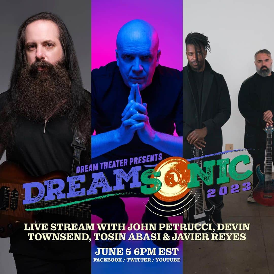 ドリーム・シアターのインスタグラム：「Dreamsonic 2023 is fast approaching! Before we start the tour, @johnpetrucciofficial will be appearing on a livestream on June 5 at 6PM EST with @dvntownsend, @tosinabasi & @jjavierreyess to talk about the upcoming tour and answer any questions you may have! If you've got a question for John, Devin, Tosin and Javier, leave them in the comments below for a chance to get it answered live on stream!  The stream will be live across the Dream Theater Facebook, Twitter and YouTube channels. We will post a reminder here with a link on our stories prior to going live!   #Dreamsonic2023」