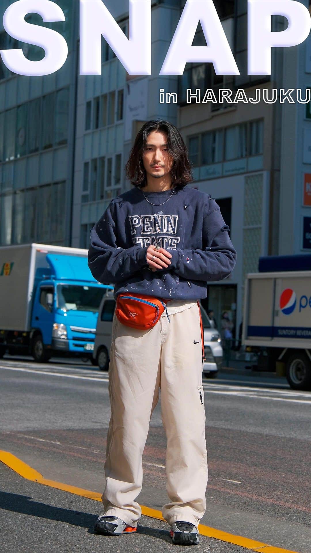 のインスタグラム：「McGuffin SNAP  No.069 竹中千満 @sen_nma @beebar__official__ PR / Stylist  tops：#champion pants：#nike footwear：#nike bag：#arcteryx accessory：#ginya  好きなブランド：NIKE  #mcguffinsnap #snap #streetsnap #tokyo #tokyofashion #harajuku #harajukufashion #street #fashionreels #ストリートスナップ #ファッションスナップ」