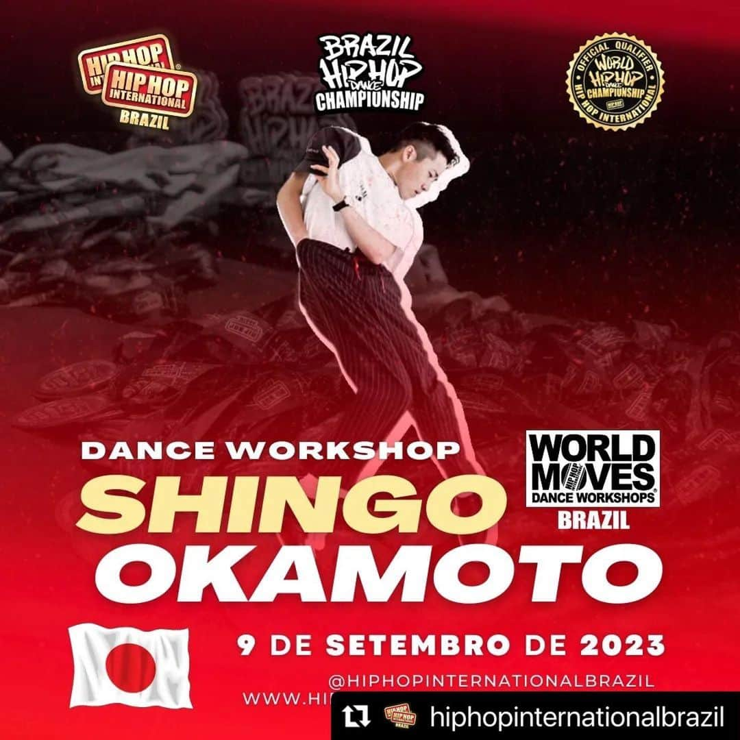 Shingo Okamotoのインスタグラム：「Let's enjoy dancing together in Brazil!🇧🇷✨  Estou muito agradecido🙏✨ @alessandro_cardosso  @vinihmalukin   #Repost @hiphopinternationalbrazil  ・・・ Fechando nossa line up de professores para o World Moves Dance Workshops 2023, apresentamos @shingookamoto 🇯🇵  #goForGold #GoForGold2023   @officialhhi」