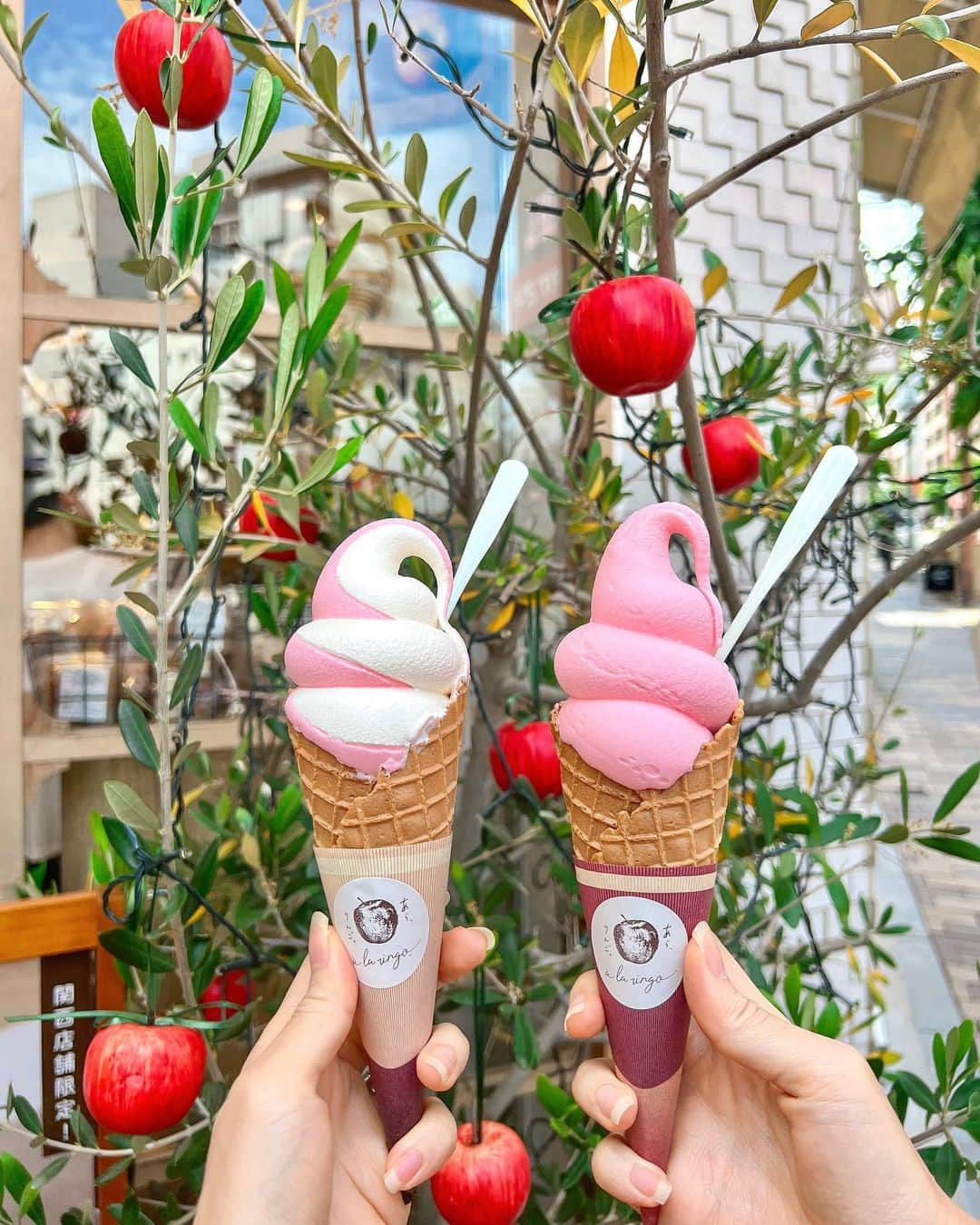 みき みーやんさんのインスタグラム写真 - (みき みーやんInstagram)「甘酸っぱいりんごのソフトクリーム🍎🍦 大好きな @a_la_ringo さん♡ . 神戸本店限定商品の あら、りんご。ソフトクリーム🍦 . 青森県産りんごと北海道産生乳でつくられた 濃厚なソフトクリーム❤ . りんごはアップルパイに入ってるりんごのような 甘酸っぱい味でなかなかこういうソフトクリームないから 新鮮で美味しいー😍❤ . コーン部分もザクザク香ばしくて最高😏 . . 店内イートイン、お持ち帰りどちらでも大丈夫だよ❤ . あら、りんご。ソフトクリーム あら、りんご。ミックスソフトクリーム 500円（税込） . #りんご#りんご専門店#ソフトクリーム#りんご飴#神戸カフェ #グルメ女子#スイーツ女子#食べる動画#あらりんご#alaringo#pr#あらりんご#手土産スイーツ#青森りんご#青森 #神戸スイーツ#大阪スイーツ#神戸 #三宮 #神戸カフェ #カフェ巡り#apple#神戸デート#神戸散策#北野異人館#神戸旅行#神戸観光」6月4日 20時04分 - mi_yan0101