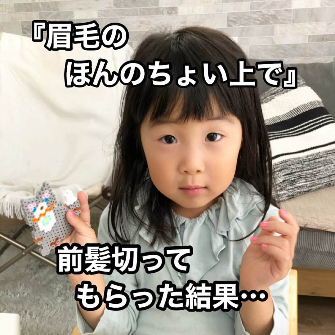 のインスタグラム：「❤︎ ちょっと前に、姉にこっちゃんの前髪を切ってもらいました✂️👩🏻  眉毛の位置に合わせて切ってもらったのに  …ん？？  なんか短くない！？😳😳  切ってもらってる間、眉毛あげるの禁止ー🤣🤣🚫  #前髪カット #なぜおめめパッチリしてたん #一度どえらい前髪なったことあるからもう怖いもんなしw」