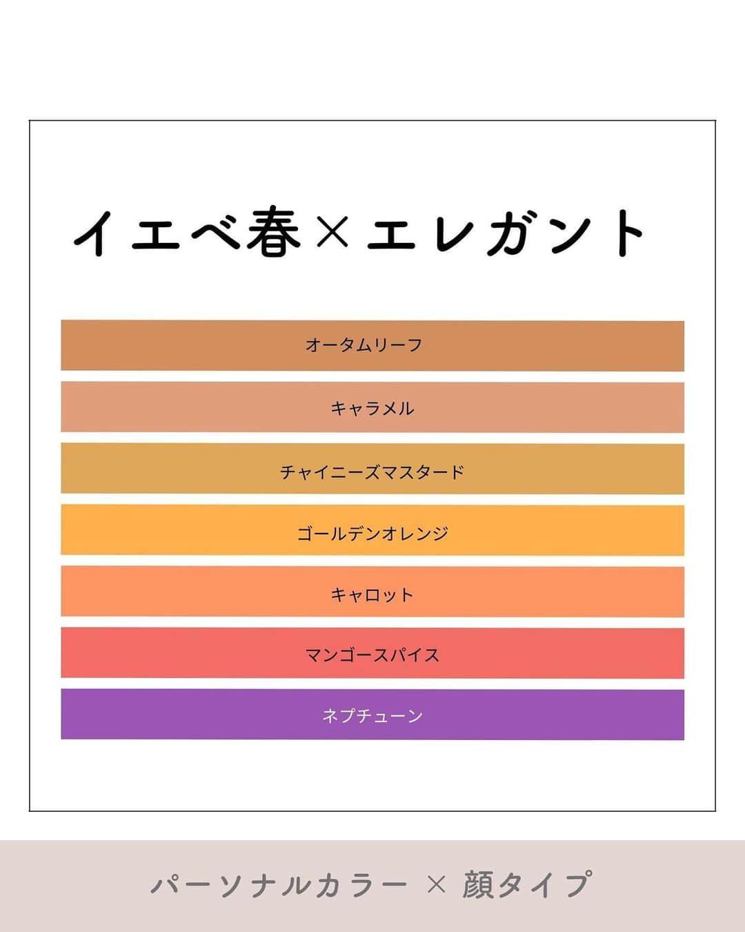 山本裕美のインスタグラム：「. 診断後のお客様から 色に関しての質問がとても多いので 「パーソナルカラー×顔タイプ」を 私なりにまとめております😊 ⁡ ⁡ ／ イエベ春 (Spring) 　× 顔タイプエレガント ＼ ⁡ ⁡ キレイめで華やかなな雰囲気が似合う #顔タイプエレガント さん♡ ⁡ シンプルすぎると物足りない印象になるので、 色も濃く鮮やかなものが得意です。  イエベ春なのに、 ベージュより白黒のモノトーンをよく着ます🙋🏻‍♀️という方も 多いのでは？🤔  ⁡ また、深みのある大人っぽい印象の色もおススメ。 イエベ春の人でも、イエベ秋のようなリッチカラーに 近い雰囲気を取り入れてみてください👍 ⁡  ベーシックカラーは、濃いブラウンや黒、 白と黒とのコントラストもお似合い✨  顔周りは明るく、どこかに締めカラーで濃い色を もってくると合わせやすいと思います☺️ ⁡  ⁡ 人によって優先度合いが違ったり、 全てのタイプの人が当てはまる訳ではありませんが ぜひ参考になれば嬉しいです♫ ⁡ ⁡ ----- ⁡ ✨人生の節目に一生モノの自分軸を✨ ⁡ 各種診断・講座の詳細は プロフィール欄のURLよりMENUをご覧ください。 @hiromi_yamamoto_mc ⁡ ⁡ ✍️顔タイプ診断®︎や骨格診断ができる プロ養成講座も開講中✨ ⁡ 【顔タイプ診断１級 認定講座】 2023年 7/22(土) 10:000〜17:00 2023年 7/23(日) 10:00〜17:00 の2日間 ⁡ 【パーソナル骨格診断 認定講座】 ⁡ 2023年 8/3(木) 10:00〜17:00 2023年8/4(金) 10:00〜17:00 の2日間 ⁡ その他、ご希望の曜日などございましたらお気軽にDMくださいね☺️📩 ⁡ ⁡ ------------------- #イエベ #イエベ春 #顔タイプ診断　 #パーソナルカラースプリング #イエベ #パーソナルカラー診断大阪 #顔タイプ #パーソナルカラーネイル  #パーソナルカラーSpring #ウォームスプリング #ビビッドスプリング #ブライトスプリング #顔タイプ診断大阪  #イエベネイル #顔タイプ診断エレガント #パーソナルカラー春 #16タイプパーソナルカラー診断大阪 #エレガント  #パーソナルカラー診断心斎橋　 #顔タイプ診断心斎橋 #骨格診断大阪 ⁡ ⁡ ⁡ ⁡ ⁡ ⁡」