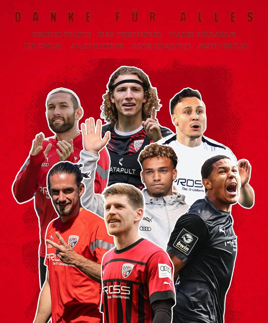 FCインゴルシュタット04のインスタグラム：「Auch nach dieser Saison heißt es wieder: Abschiednehmen. Künftig werden sich sieben Schanzer das schwarz-rote Trikot nicht mehr überstreifen.  Während die auslaufenden Verträge mit Denis Linsmayer, Dominik Franke, Rico Preißinger, Jalen Hawkins sowie Valmir Sulejmani nicht verlängert werden, kehrt Leihspieler Tim Civeja zu seinem Heimatverein FC Augsburg zurück. Außerdem wird – wie bereits vermeldet wurde – Justin Butler den FCI in Richtung Nordrhein-Westfalen verlassen und für Ligakonkurrent Borussia Dortmund II auf Torejagd gehen.  "Zum Ende einer Saison – ob erfolgreich oder, wie die unsere in diesem Jahr, enttäuschend – gehören immer auch die Abschiede von Spielern, die sich in den vergangenen Jahren dem FC Ingolstadt 04 treu verschrieben haben. Stellvertretend für die Schanzer Familie bedanke ich mich für ihren Einsatz in Schwarz-Rot und wünsche denjenigen, die in der neuen Spielzeit nicht mehr für unseren FCI auflaufen werden, alles Gute für ihre persönliche sowie berufliche Zukunft", so Geschäftsführer Dietmar Beiersdorfer.  Sportdirektor Ivo Grlic ergänzt: "Nachdem der Klassenverbleib in trockenen Tüchern war, lag mein Hauptaugenmerk darauf, die Jungs noch besser kennenzulernen. Zusammen mit dem Trainer wollten wir ein noch besseres Gespür für das aktuelle Mannschaftsgefüge entwickeln und den Kader letztendlich neu bewerten. Derartige sportliche Entscheidungen im Sinne des Vereins bedeuten aber am Ende einer nicht zufriedenstellenden Saison leider auch immer, dass sich gemeinsame Wege trennen. Einige Spieler, die mit dem FCI schon so manches erlebt haben, werden gehen. Ihnen allen wünschen wir für die Zukunft nur das Beste."  Danke für alles und viel Erfolg bei eurem weiteren Karriereweg, Jungs! ⚫️🔴」