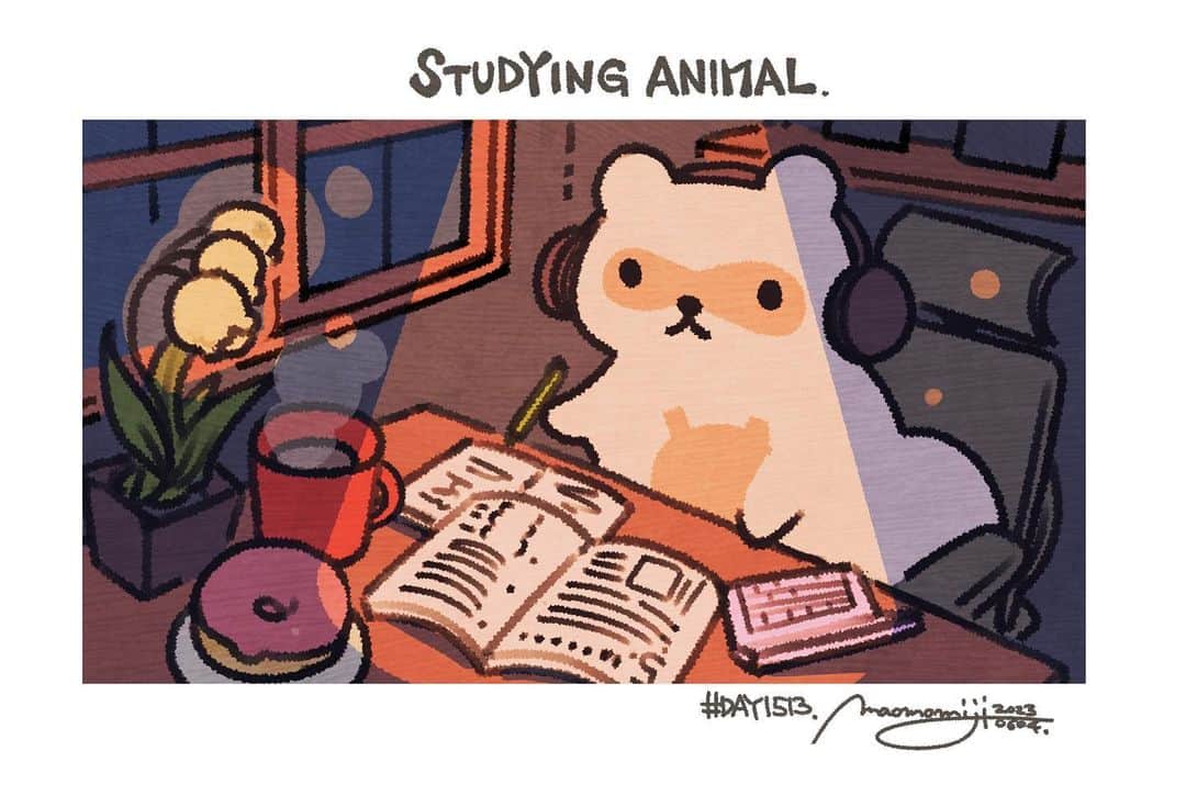 のインスタグラム：「『#DAY1513/「Coffee with studying animal」』  もみじ真魚/MaoMomiji 2023年6月4日 23:51  「最近、勉強する時間が多いのでLofiなBGMを聞いてます。」 渡米がもうすぐなのもあって、最近勉強する時間が顕著に増加しました。勉強時間に作業BGMを流すことも多いのですが、その時に印象に残るのが勉強中を描いたイラストです。なんだかいいですよね、このイラスト。そんなわけで私も描いてみました。  “Recently, I have a lot of time to study, so I listen to Lofi BGM.” I'm going to the United States soon, so I've been spending a lot more time studying recently. I often play work BGM during study time, and the illustration that expresses studying is memorable at that time. This illustration is kind of nice. That's why I tried to draw.  “最近学习时间比较多，就听Lofi BGM。” 我马上要去美国了，所以最近我花了很多时间学习。 学习的时候经常播放工作BGM，表达学习的插画那时候回味无穷。 这个插图有点不错。 这就是我尝试画画的原因。  “Recientemente, tengo mucho tiempo para estudiar, así que escucho Lofi BGM”. Me iré a los Estados Unidos pronto, así que he pasado mucho más tiempo estudiando últimamente. A menudo pongo BGM de trabajo durante el tiempo de estudio, y la ilustración que expresa el estudio es memorable en ese momento. Esta ilustración es algo agradable. Por eso traté de dibujar.  #日刊ごはんが好き #foodie #foodieart #dailyilovefood  #毎日更新 #foodillustration #fooddrawing #もみじ真魚 #maomomiji #飯テロ #美食 #lofi #study #coffee」