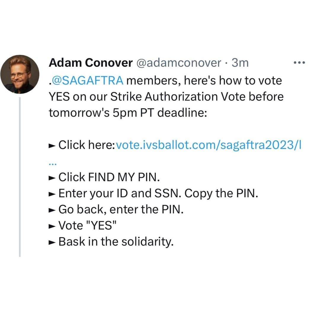 テイト・エリントンのインスタグラム：「Vote NOW! Vote YES!!  This will be one of the last times we have this opportunity. It is a chance to claw back the basic benefits and revenue we have lost due to streaming. Vote YES and give our union leaders the negotiating power they need to fight for us. #union #sagaftra #unionstrong #vote」