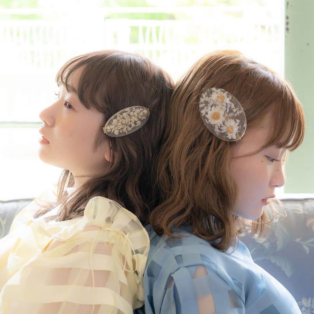 waco⭐️CHACOのインスタグラム：「🌷Flower clip ( mini / big )　🌷  クリアな樹脂にお花が詰まった可愛いクリップ。 ビックタイプのお花はローダンセ。 ビックサイズ大きさ：幅約9cm  素材：樹脂、真鍮  ミニタイプのお花は千日紅、アンモビュウム。 ミニサイズ大きさ：幅約7cm  素材：樹脂、真鍮  Flower clip ( big )　3,300円(税300円) Flower clip (mini )　2,530円(税230円)  ＿＿＿＿＿＿＿＿＿＿＿＿＿＿  Director : @wacochaco  Model	: @furumomo_t @kimura.sena  Photo :  @eiko_chaco  Hair : @michikononaka  Stylist : @yui_iwatsu  Stylist assistant : Aina Suzuki / Kuria Kumekawa  ＿＿＿＿＿＿＿＿＿＿＿＿＿＿  dress @bellmignon__   ＿＿＿＿＿＿＿＿＿＿＿＿＿＿」