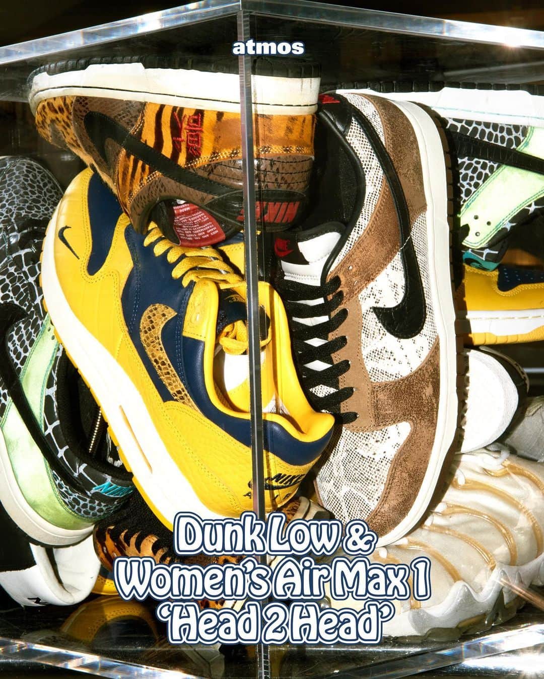 のインスタグラム：「⚡McGuffin Street News⚡  「NIKE」の”CO.JP”トーナメントにノミネートされた モデルの素材やカラーをマッシュアップした “HEAD 2 HEAD PACK”が登場！  @atmos_tokyo  @niketokyo   1990年代にNIKE JAPANが成熟したストリートシーンに向けてライフスタイル軸のアパレルとフットウエアを世界に先駆けて画策。それが通称”CO.JP"と言われるコンセプトジャパンプロジェクトになります。この”CO.JP”の使命は新しいプロダクトをプロデュースすることではなく、既存のモデルにストーリーを上乗せすることを目的として、DUNKを皮切りに数々の名作モデルを輩出していくことになります。去る2021年、”CO.JP"から生み出された名作のベストを決めるキャンペーンが「ナイキ」の専用アプリSNKRSで”CO.JPトーナメント”として開催され話題を呼びました。その熱狂を帯びる形で今年満を持してトーナメントでノミネートされたモデルの素材やカラーを新たにマッシュアップした"HEAD 2 HEAD PACK”が登場いたします。  ラインナップされるのは、日本のスニーカーシーンに欠かせないAIR MAX 1とDUNKの2モデル。AIR MAX 1は、アイコニックなカレッジカラーをまとい、DUNKは、80年代のアウトドアコレクションから配色をサンプリング。オーバーレイやスウッシュにはスネークやクロコダイルなどアニマル柄のレザーを用いてプレミアムなルックスを表現。“プレミアム”は2000年代の”CO.JP”のテーマであり、スニーカーにラグジュアリーな要素加えた日本発のプロダクトの地位を築いたキーワードでした。そんな現在のスニーカーカルチャーの礎にもなった”CO.JP“。その歴史を詰め込んだ珠玉のW AIR MAX 1 PRMとNIKE DUNK LOW PRMが6月9日(金)から発売いたします。展開は、atmos 各店(一部店舗除く)、atmos オンライン。  【NIKE “HEAD 2 HEAD PACK“】抽選詳細 受付期間: 2023年6月3日(土) 9:00~2023年6月8日(木) 8:59 特集ページ: https://www.atmos-tokyo.com/lp/nike-cojp-lp  #nike #ナイキ #AIRMAX1 #エアマックス #dunk #ダンク #atmos #アトモス」