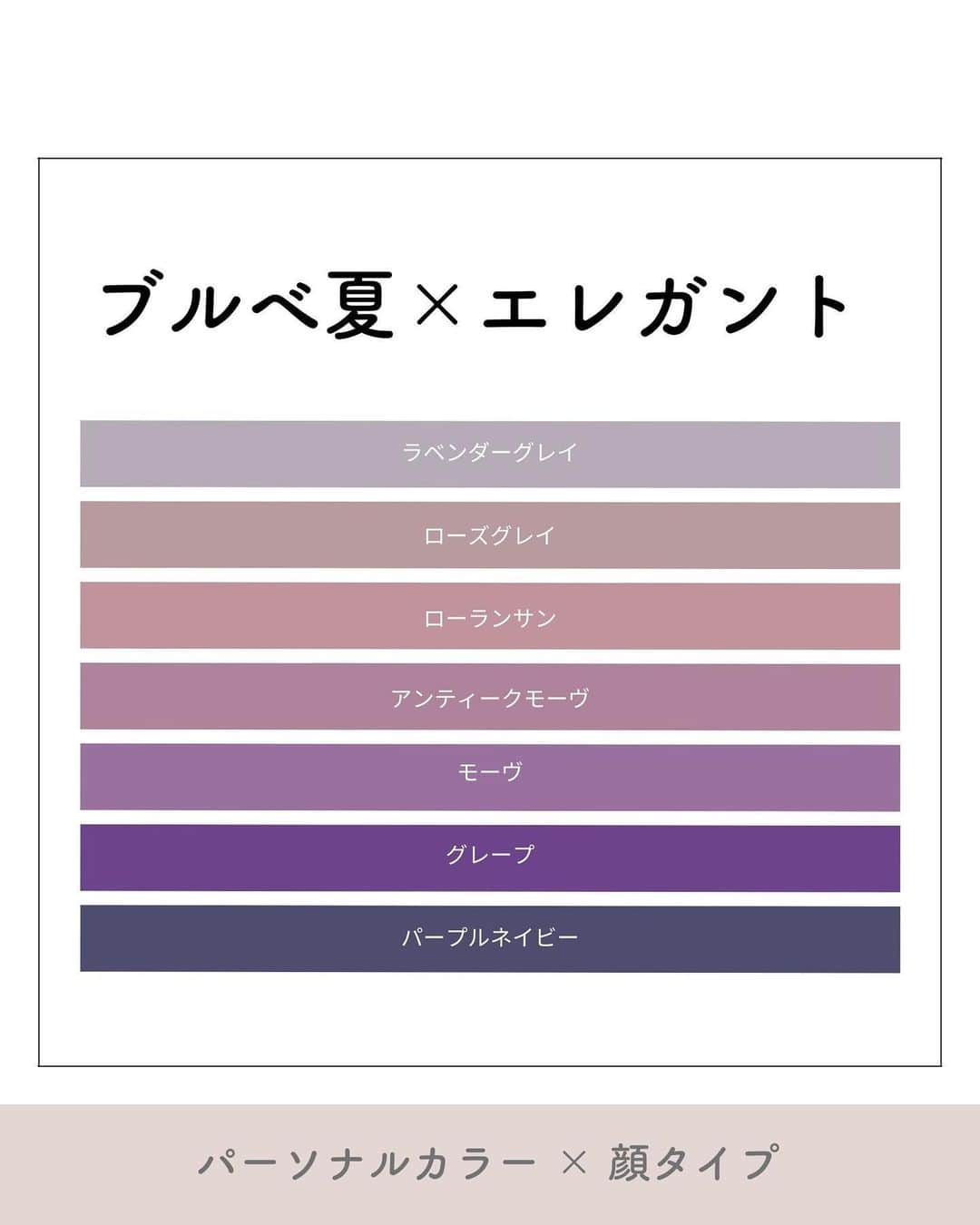 山本裕美のインスタグラム：「. 診断後のお客様から 色に関しての質問がとても多いので 「パーソナルカラー×顔タイプ」を 私なりにまとめております😊 ⁡ ⁡ ／ ブルベ夏 (サマー) 　× 顔タイプエレガント ＼ ⁡ ⁡ キレイめで華やかなな雰囲気が似合う #顔タイプエレガント さん♡ ⁡ シンプルすぎると物足りない印象になるので、 色も濃く鮮やかなものが得意です。 ⁡ ⁡ 上品でソフトな色が得意なSummerさんですが Summerの中でも 濃いめの色や暗めの色の方が 印象と合いやすいかも✨ ⁡ ⁡ ソフトな色なら黒やネイビーなど濃い色との コントラストをつけるのがおススメです👍 ⁡ ⁡ 人によって優先度合いが違ったり、 全てのタイプの人が当てはまる訳ではありませんが ぜひ参考になれば嬉しいです♫ ⁡ ⁡ ----- ⁡ ✨人生の節目に一生モノの自分軸を✨ ⁡ 各種診断・講座の詳細は プロフィール欄のURLよりMENUをご覧ください。 @hiromi_yamamoto_mc ⁡ ⁡ ✍️顔タイプ診断®︎や骨格診断ができる プロ養成講座も開講中✨ ⁡ 【顔タイプ診断１級 認定講座】 2023年 7/22(土) 10:000〜17:00 2023年 7/23(日) 10:00〜17:00 の2日間 ⁡ 【パーソナル骨格診断 認定講座】 ⁡ 2023年 8/3(木) 10:00〜17:00 2023年8/4(金) 10:00〜17:00 の2日間 ⁡ その他、ご希望の曜日などございましたらお気軽にDMくださいね☺️📩 ⁡ ⁡ ------------------- #ブルベ #ブルベ夏 #顔タイプ診断　 #パーソナルカラーサマー #ブルベ #パーソナルカラー診断大阪 #顔タイプ #パーソナルカラーネイル  #パーソナルカラーSummer #クールサマー #ミューティッドサマー #ブライトサマー #顔タイプ診断大阪  #ブルベネイル #顔タイプ診断エレガント #パーソナルカラー夏 #16タイプパーソナルカラー診断大阪 #エレガント  #パーソナルカラー診断心斎橋　 #顔タイプ診断心斎橋 #骨格診断大阪」