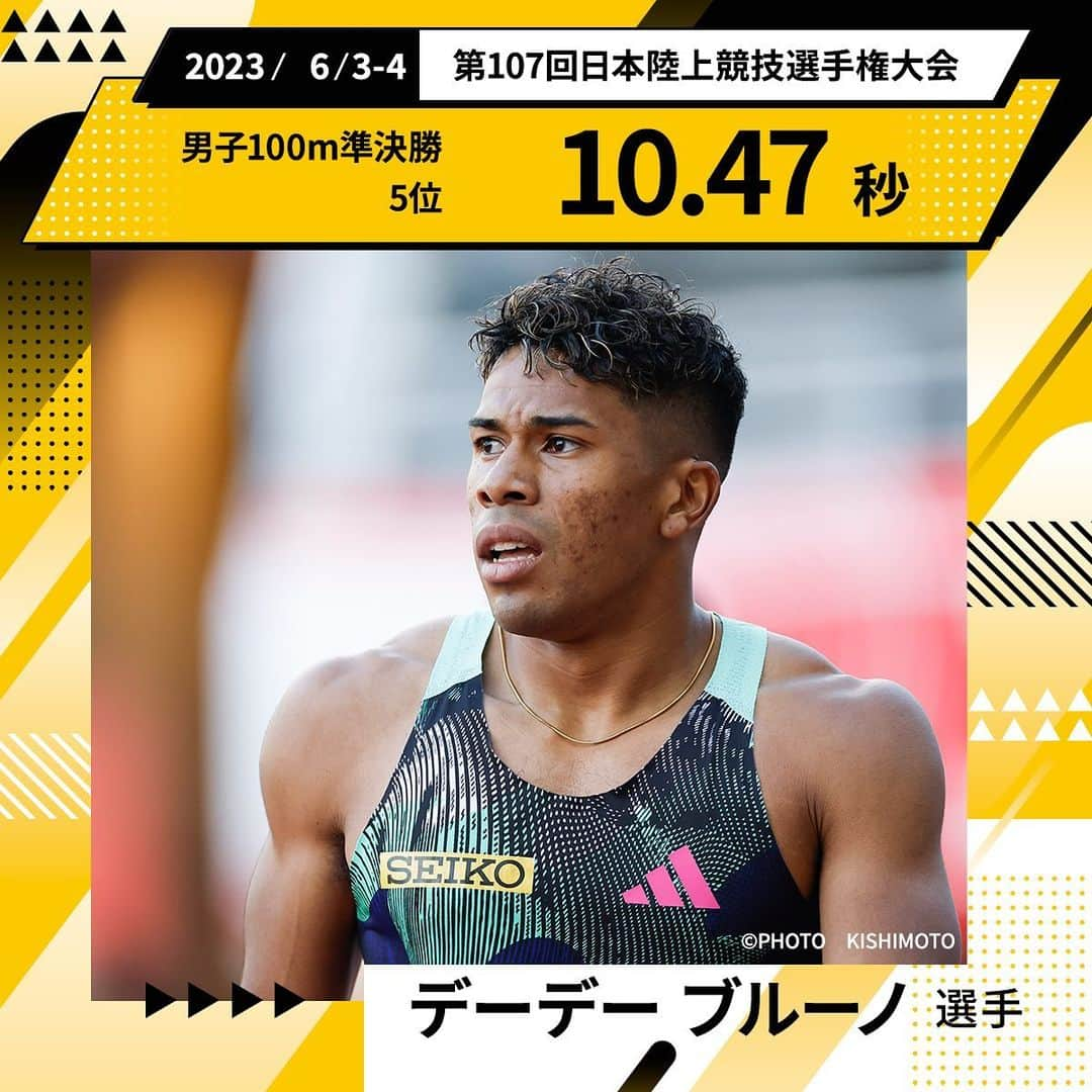 セイコースポーツさんのインスタグラム写真 - (セイコースポーツInstagram)「【#デーデーブルーノ 選手】  第107回日本陸上競技選手権大会 男子100m 準決勝1組  デーデーブルーノ  5着 10.47(0.0)  デーデー選手へのご声援ありがとうございました❗️ 引き続き応援よろしくお願いします✨  #Seiko #TeamSeiko #trackandfield #athletics #陸上 #陸上選手 #陸上部 #陸上男子 #短距離 #スプリント #スプリンター #sprinter #100m #ランニング #スポーツ #sport #アスリート #athlete #セイコー #seiko」6月5日 14時21分 - seiko_sports