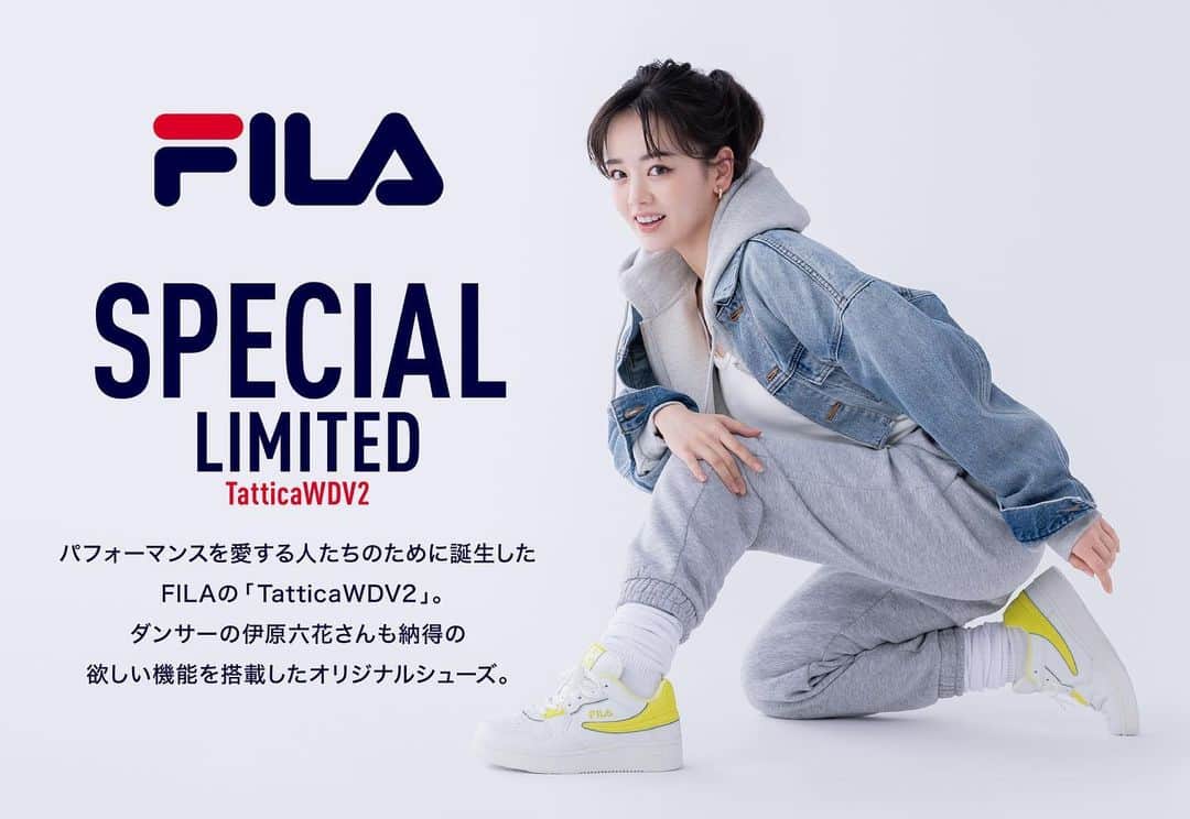 朝倉 豊のインスタグラム：「【伊原六花 × FILA SPECIAL LIMITED  Tattica WDV2コラボレーションスニーカー】@kutsu.com_chiyoda @rikka.ihara.official  photo: #横江淳 氏 hairmake: #佐々木博美 氏 designer: #松本直子 氏 #mywork  #CHIYODA #FILA @fila_japan_official #伊原六花」