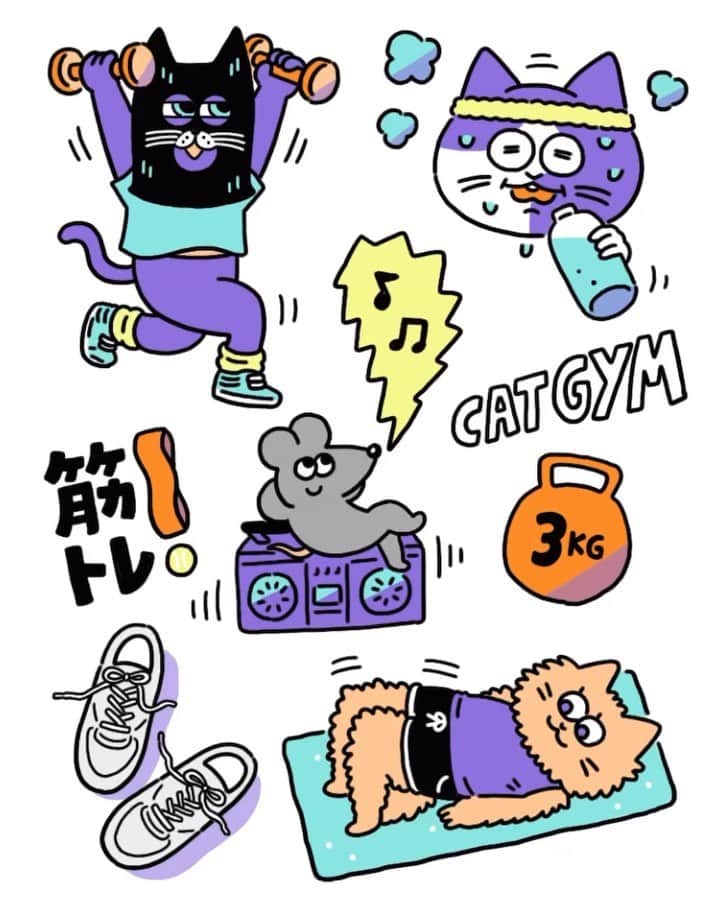 澤村 花菜のインスタグラム：「ヨガマットに猫が乗らない魔法はないだろうか🏋🏻‍♀️  #illustration #animation #cats #workout #イラスト #アニメーション」
