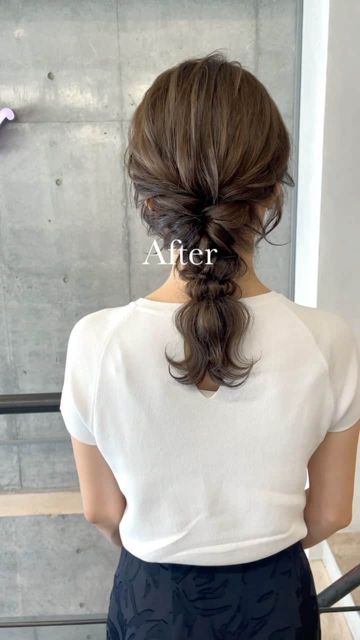 吉田達弥のインスタグラム：「お客様 Before After ✨  cut ✂︎ 美髪を目指して伸ばしてるので 毛量と毛先を調整✂︎  color 人気のシアンベージュで 赤みと黄色みを抑えます✨  hair arrange お迎えに行くので めっちゃ可愛いアレンジにしました👍✨  #ヘアアレンジ　#カット　#ヘアカラーベージュ  #ミントカラー  #レイヤーカットロング  #おくれ毛　#編み下ろし  #ヘアアクセサリー」