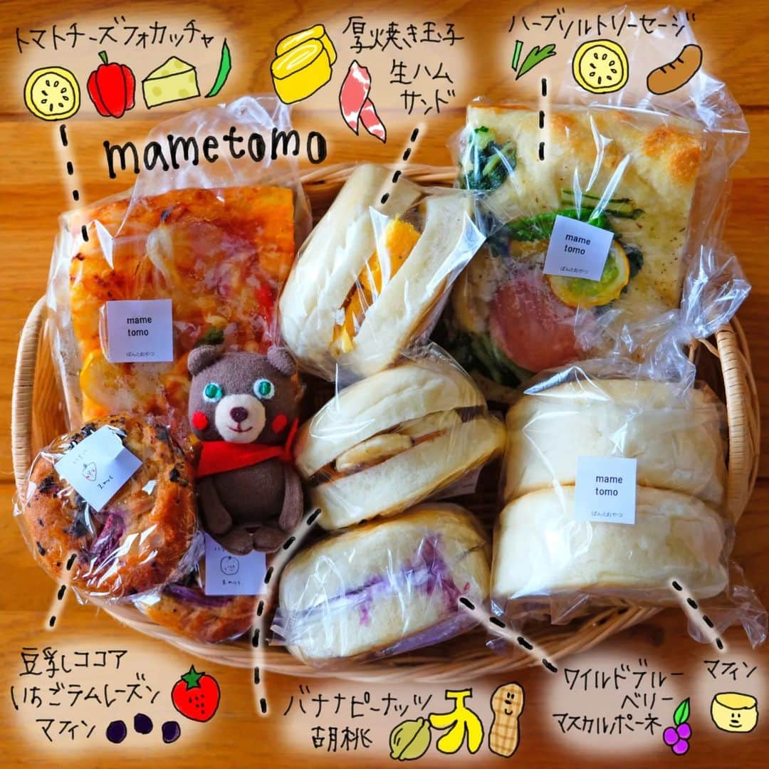 なっつ。さんのインスタグラム写真 - (なっつ。Instagram)「𝟸𝟶𝟸𝟹.𝟼.𝟼.𝚃𝚞𝚎𝚜𝚍𝚊𝚢  ひさびさに 『#まめとも』さん (@mametomo4011 )の パンを🍞 買いに行きました。  バナナピーナッツ胡桃が 食べたかったのだ♡😊  とか言いながら こんなに買ってしまったよ… パン屋さんって いっぱい買ってしまう 魔法がかかるよね(笑)  まめともさんの マフィンサンドシリーズが 大好きで プレーンのマフィンも 一緒に買って 冷凍して好きな時に 具材を挟んで楽しむんだ。  どのパンももっちりしてて ほんのり甘くて やさしいお味なのだ♡ ちゃぁ君は 毎度のご不満顔です(笑)  ごちそうさまでした。  𓅪𓅫𓅫 - - - - - - - - - - - -  𖤣𖥧𖥣𖡡𖥧𖤣  朝は外の空気がひんやり。 朝早く起きるのは苦手だけど 朝の空気は好き。  ／ 今日も良き日に。 今日も良い日に なーるなるっ☺︎ ＼ ・ ・ ・ #mametomo #まめともぱん #なっつの絵日記」6月6日 7時02分 - punipopo