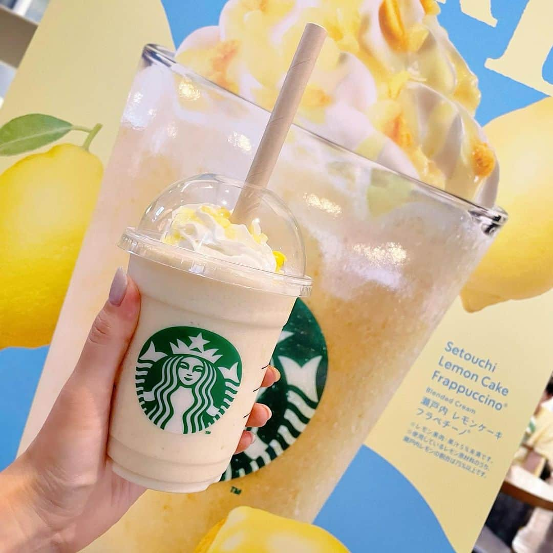 渕上舞のインスタグラム：「新作飲めた。 レモン系のスイーツやお料理が大好きです🍋🍋  #スターバックス #瀬戸内レモンケーキフラペチーノ」