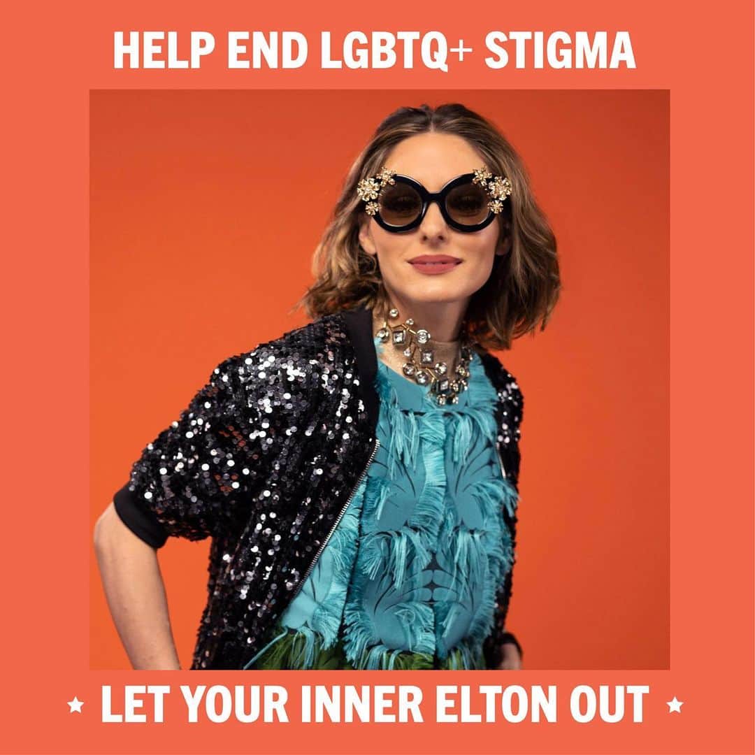 オリヴィア・パレルモのインスタグラム：「No matter who you are or who you love, everyone deserves to live free from fear and stigma and with equal access to healthcare 🏳️‍🌈🏥 Together, we can make that world a reality!!! Im proud to support the Elton John AIDS Foundation by sharing my #InnerElton and encourage you to do the same 😎🪩🕺🏼 @ejaf」