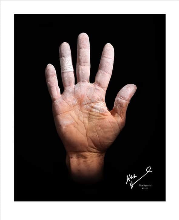 アレックス・オノルドのインスタグラム：「I partnered with @myhandmycause to take a particularly scrappy photo of my hand to raise money for our work at the Honnold Foundation. If you head over to their website, you can buy a print of my hand, along with other athletes like @swish41 and @_4dak (if you're into that sort of thing), and the majority of proceeds will go straight to benefitting our work at @HonnoldFoundation.」