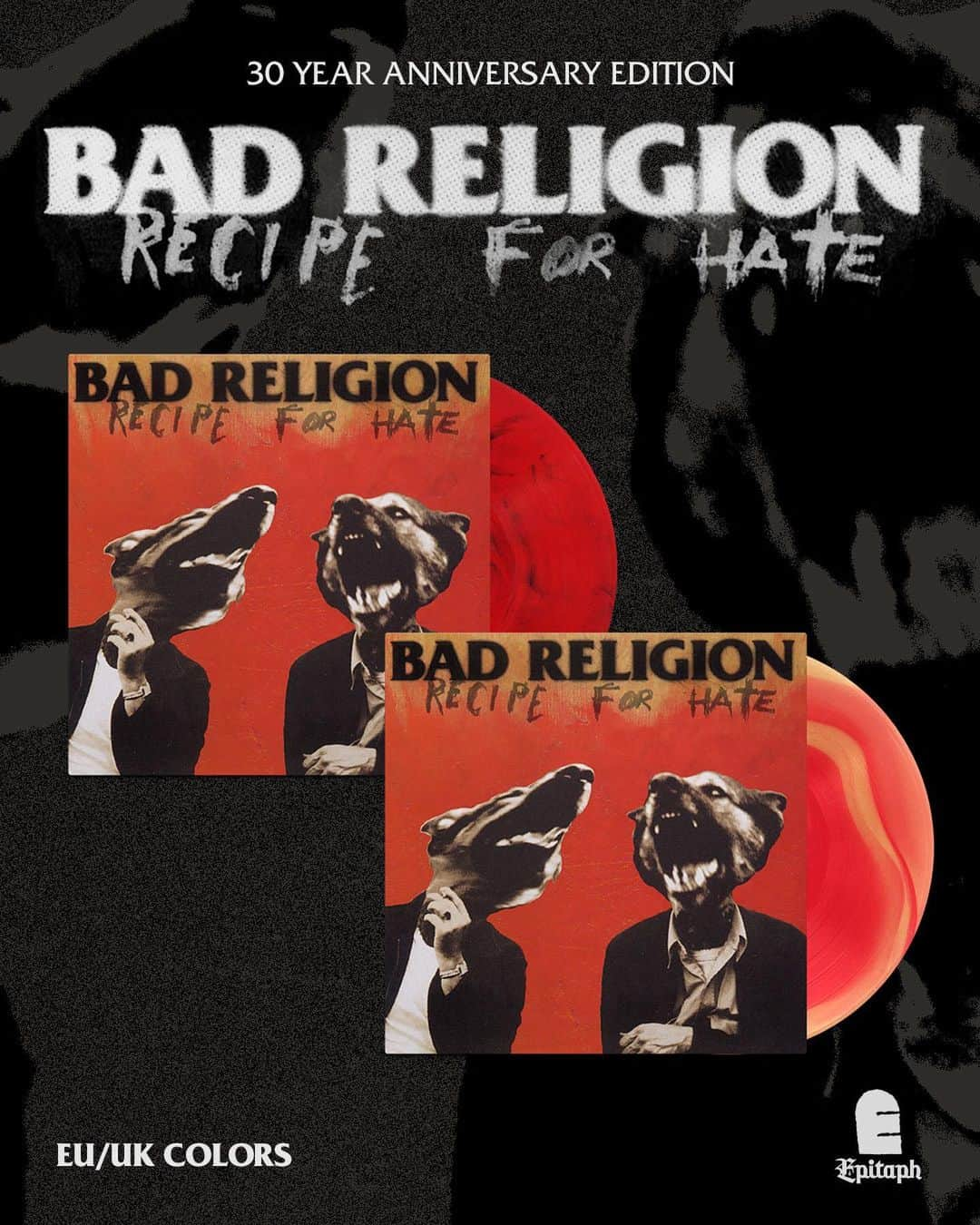 Bad Religionさんのインスタグラム写真 - (Bad ReligionInstagram)「This year marks the 30-year anniversary of @badreligionband’s 'Recipe For Hate.' Originally released on @epitaphrecords on June 4, 1993, it was the band's first album to chart in the US, hitting #14 on Billboard's Heatseekers chart.  To commemorate the occasion, we re-pressed the album on 4 new colors, available everywhere on Jul 28.  • Clear/Orange - US Webstore • Tigers Eye Translucent – US Indie Exclusive / AU Webstore • Red/Beer Color In Color – EU Webstore • Red w/ Black Smoke – EU Indie Retail  #badreligion #recipeforhate #epitaph #epitaphrecords #vinyl #newmusic」6月6日 2時44分 - badreligionband