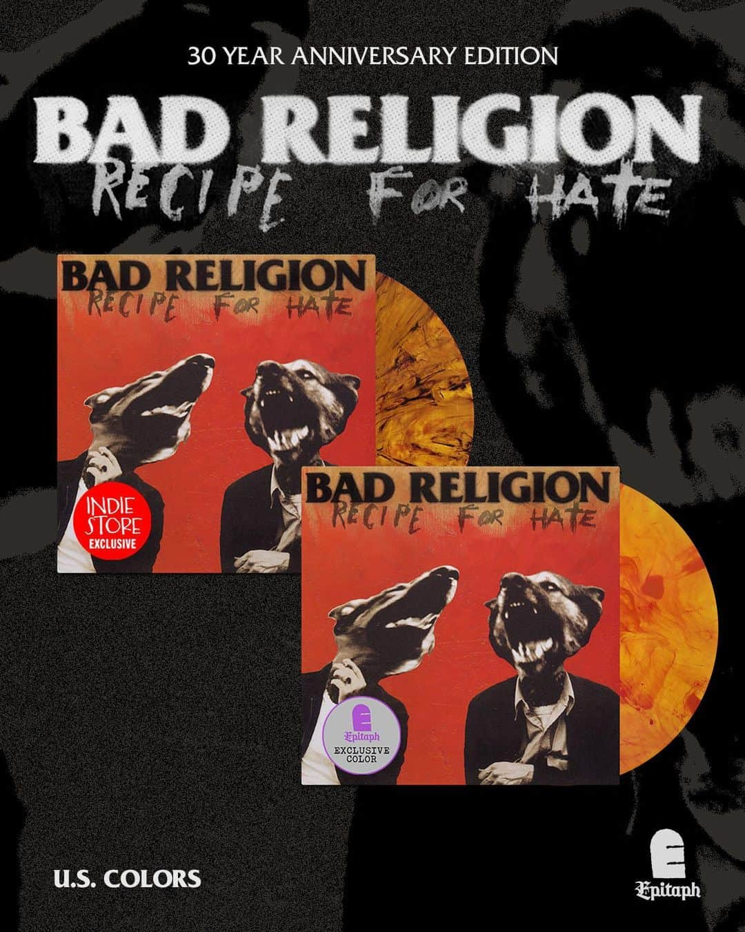 Bad Religionさんのインスタグラム写真 - (Bad ReligionInstagram)「This year marks the 30-year anniversary of @badreligionband’s 'Recipe For Hate.' Originally released on @epitaphrecords on June 4, 1993, it was the band's first album to chart in the US, hitting #14 on Billboard's Heatseekers chart.  To commemorate the occasion, we re-pressed the album on 4 new colors, available everywhere on Jul 28.  • Clear/Orange - US Webstore • Tigers Eye Translucent – US Indie Exclusive / AU Webstore • Red/Beer Color In Color – EU Webstore • Red w/ Black Smoke – EU Indie Retail  #badreligion #recipeforhate #epitaph #epitaphrecords #vinyl #newmusic」6月6日 2時44分 - badreligionband